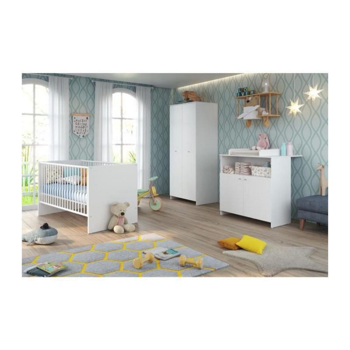 TREND TEAM NIKO Chambre bebe complete : lit 70x140cm + commode a langer + armoire - blanc