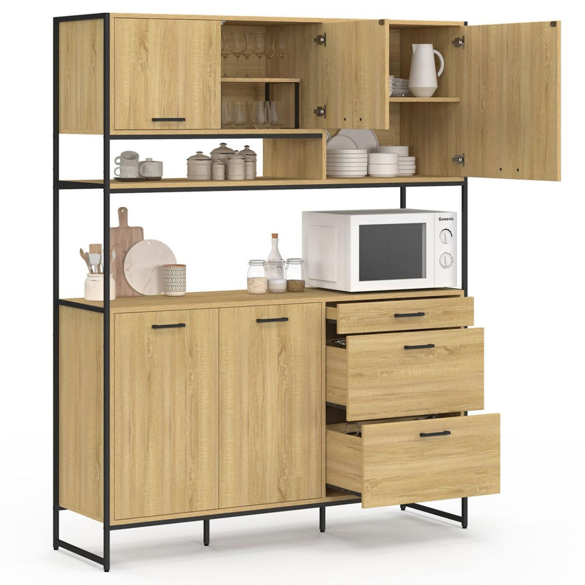 ID MARKET Buffet casserolier de cuisine 140 cm DETROIT 5 portes + 3 tiroirs design industriel