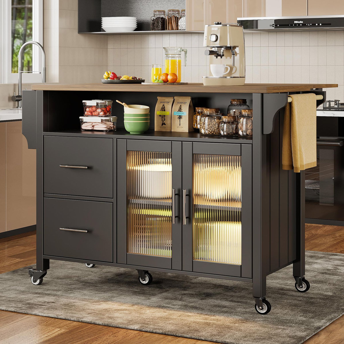 MERAX Desserte 2 portes 2 tiroirs coloris noir mdf