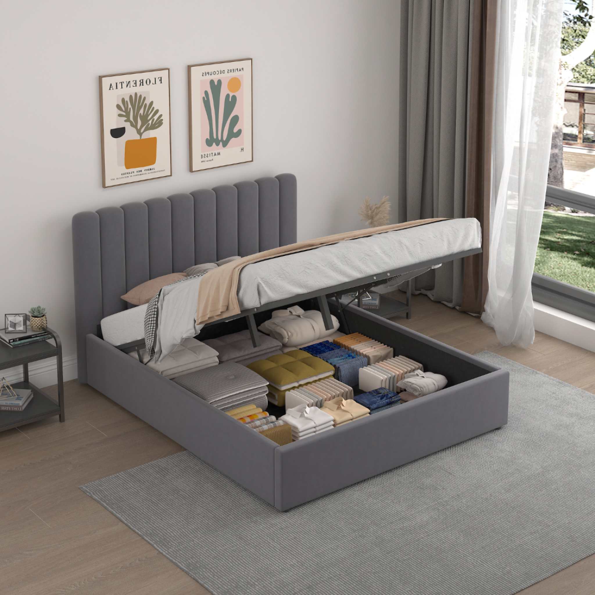 Voir la diapositive 4 : CONCEPT USINE Lit avec coffre de rangement 140x190cm velours gris foncé savannah