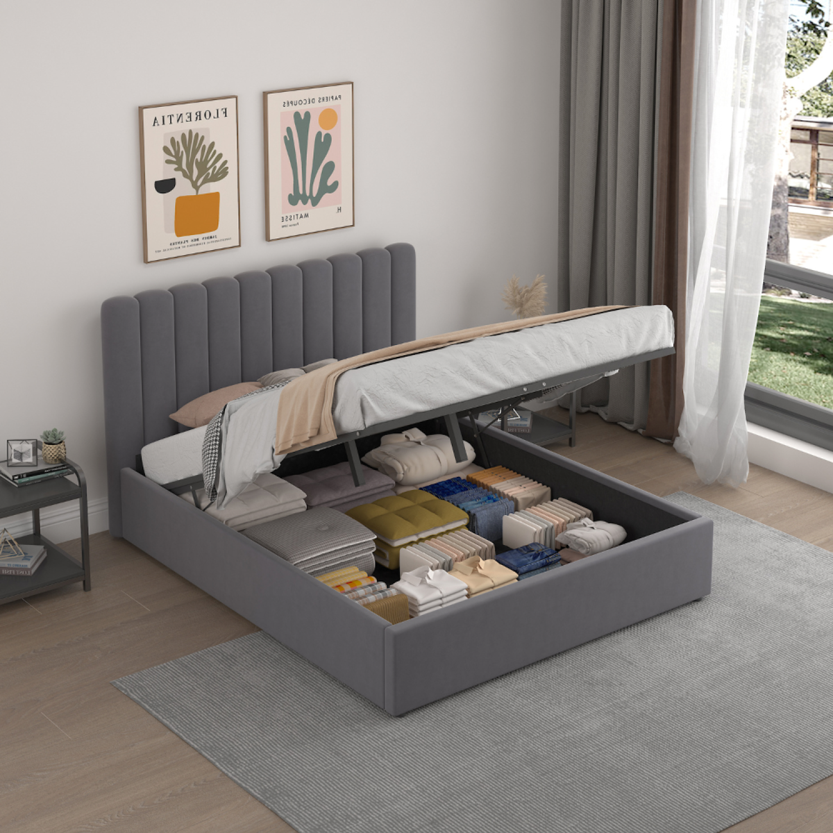 CONCEPT USINE Lit avec coffre de rangement 140x190cm velours gris foncé SAVANNAH