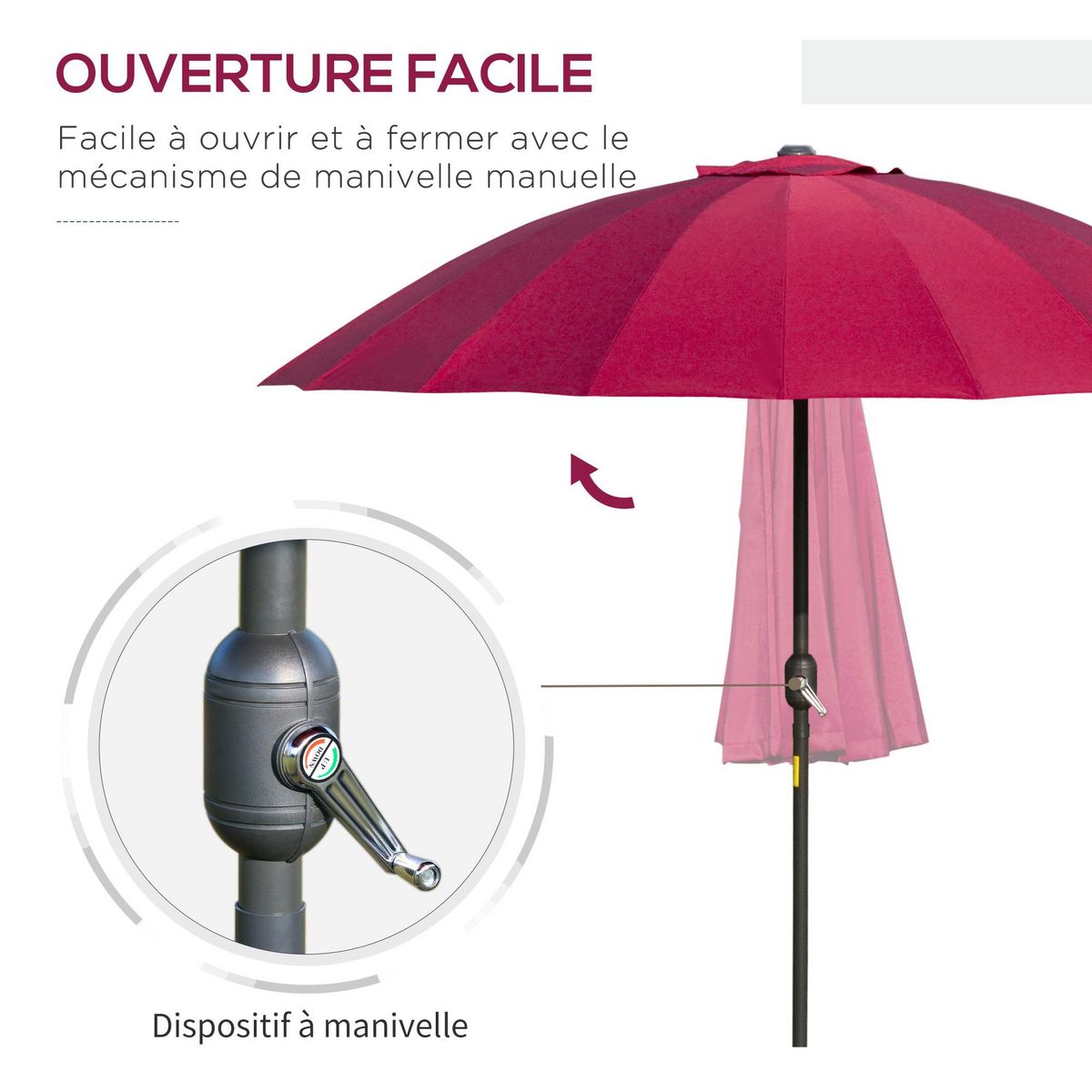 OUTSUNNY Parasol inclinable rond avec manivelle métal fibre de verre Ø 2,55 m polyester haute densité bordeaux