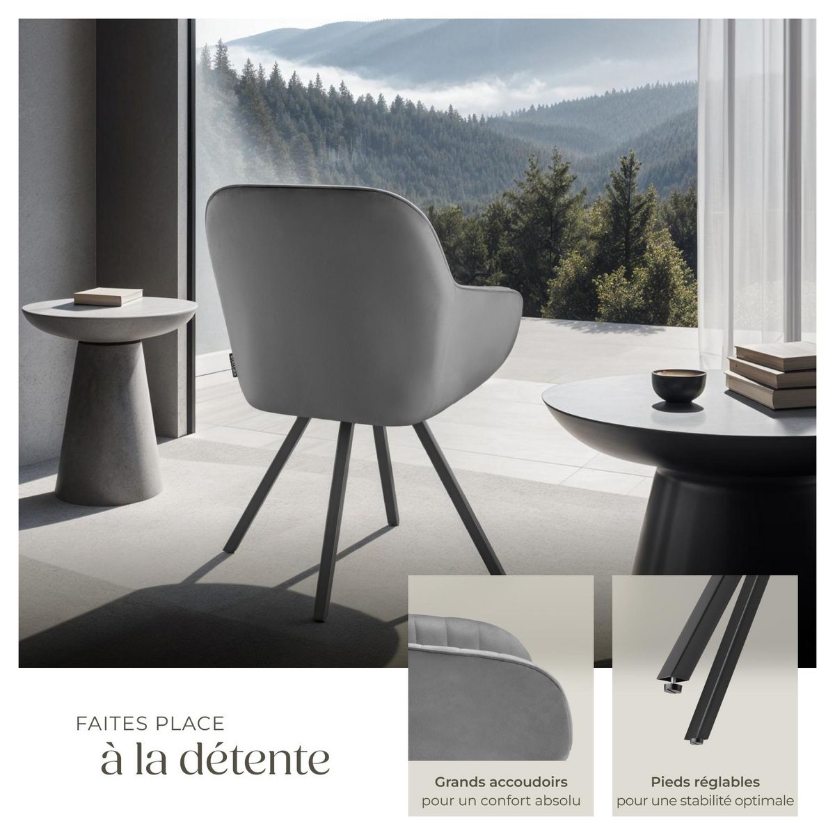 tectake Chaise pivotante avec accoudoirs rembourrée aspect velours gris