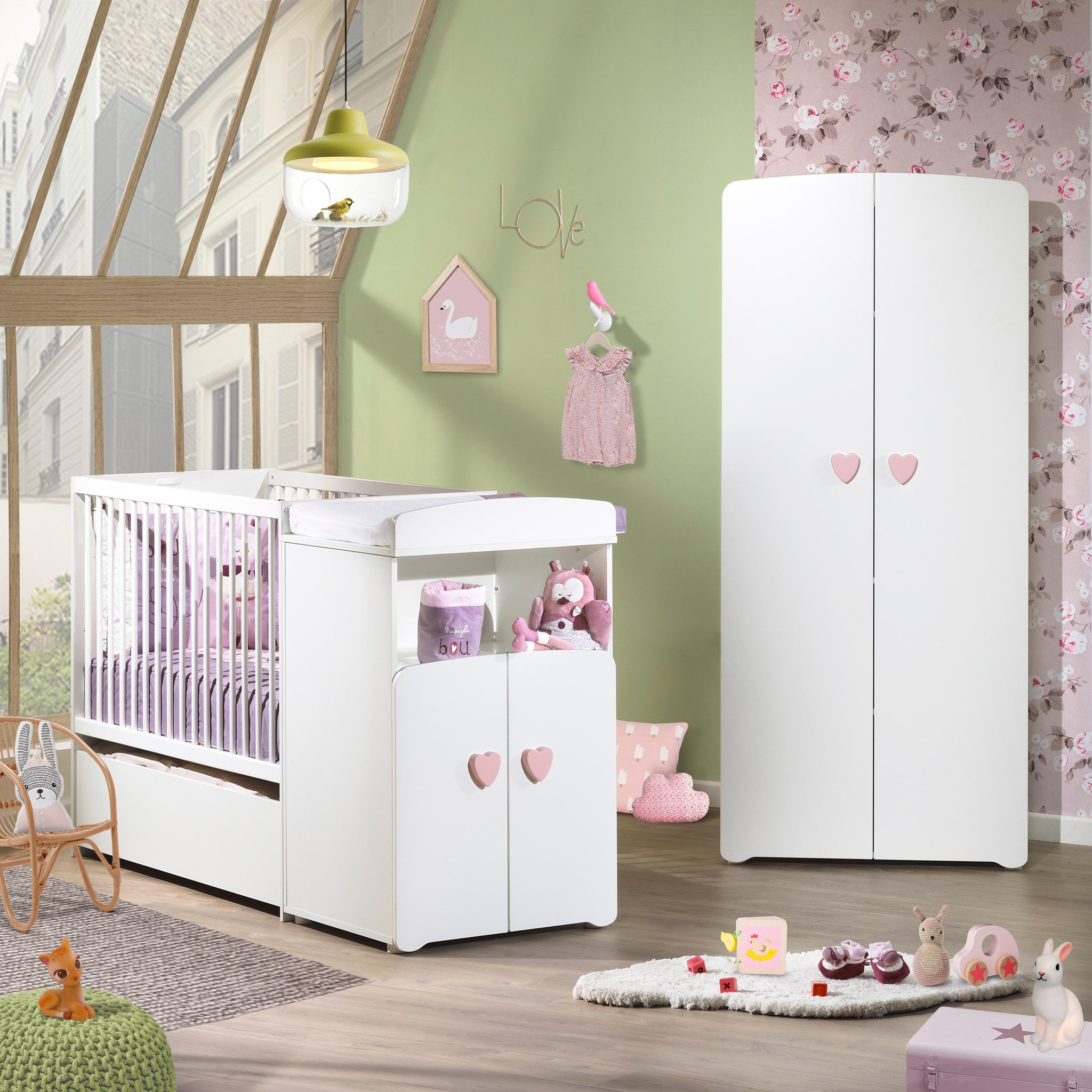Voir la diapositive 2 : BABY PRICE Lit bébé combiné 60x120 cm évolutif en 90x190 cm NEW BASIC Boutons C&oelig;ur Rose