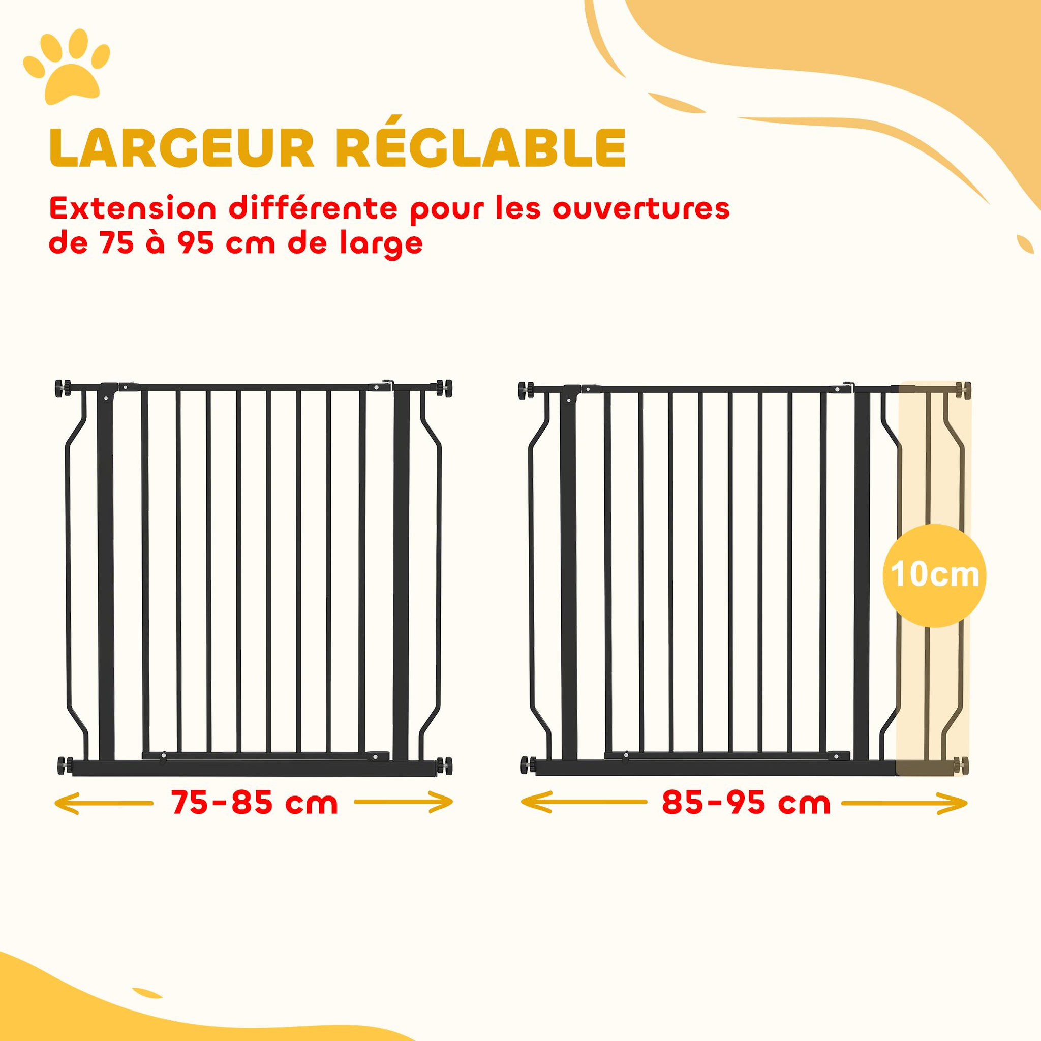Voir la diapositive 4 : PAWHUT Barrière de sécurité chien réglable 75-95 cm - porte verrouillable - sans perçage - acier abs noir