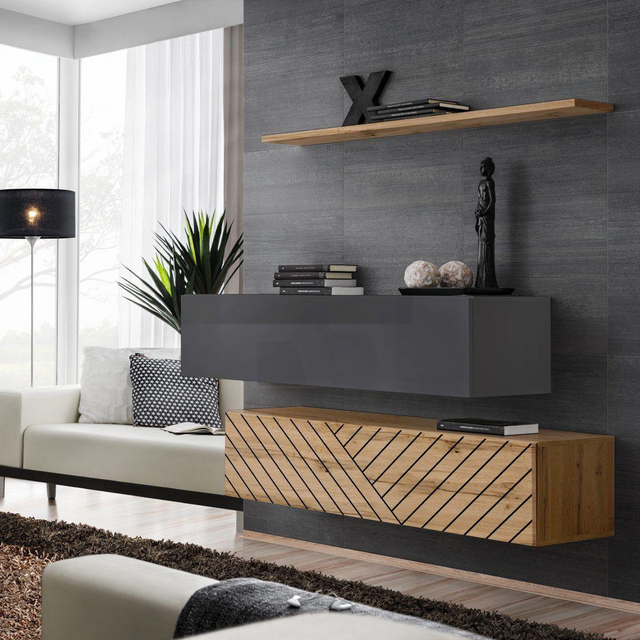 Voir la diapositive 1 : Paris Prix Lot de 2 bancs muraux & étagère  switch sbii  130cm naturel rainuré & gris