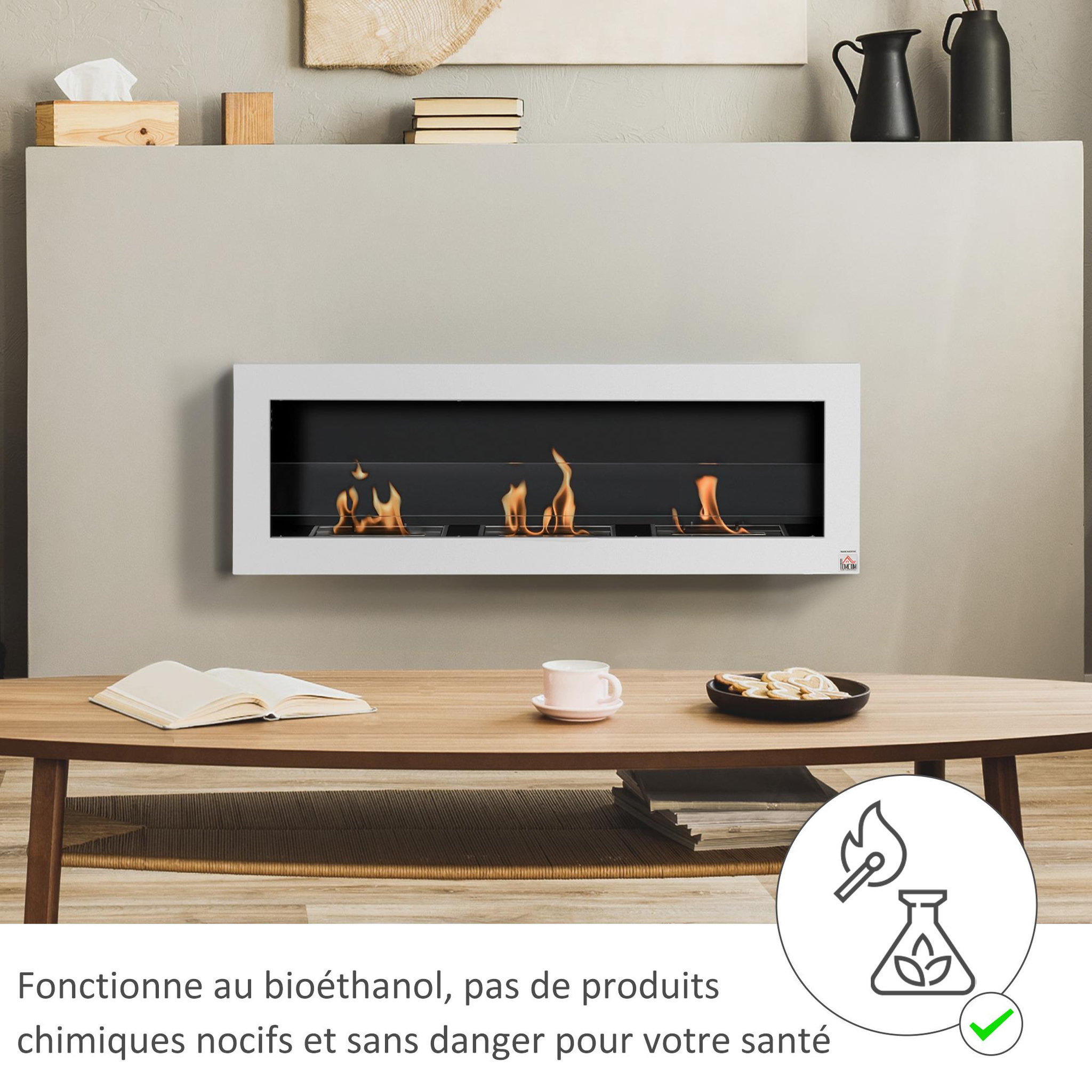 Voir la diapositive 4 : HOMCOM Cheminée bioéthanol murale design bauhaus - triple brûleur 1 l - pare-feu verre trempé, kit fixation inclus - acier inox. Acier dépoli blanc