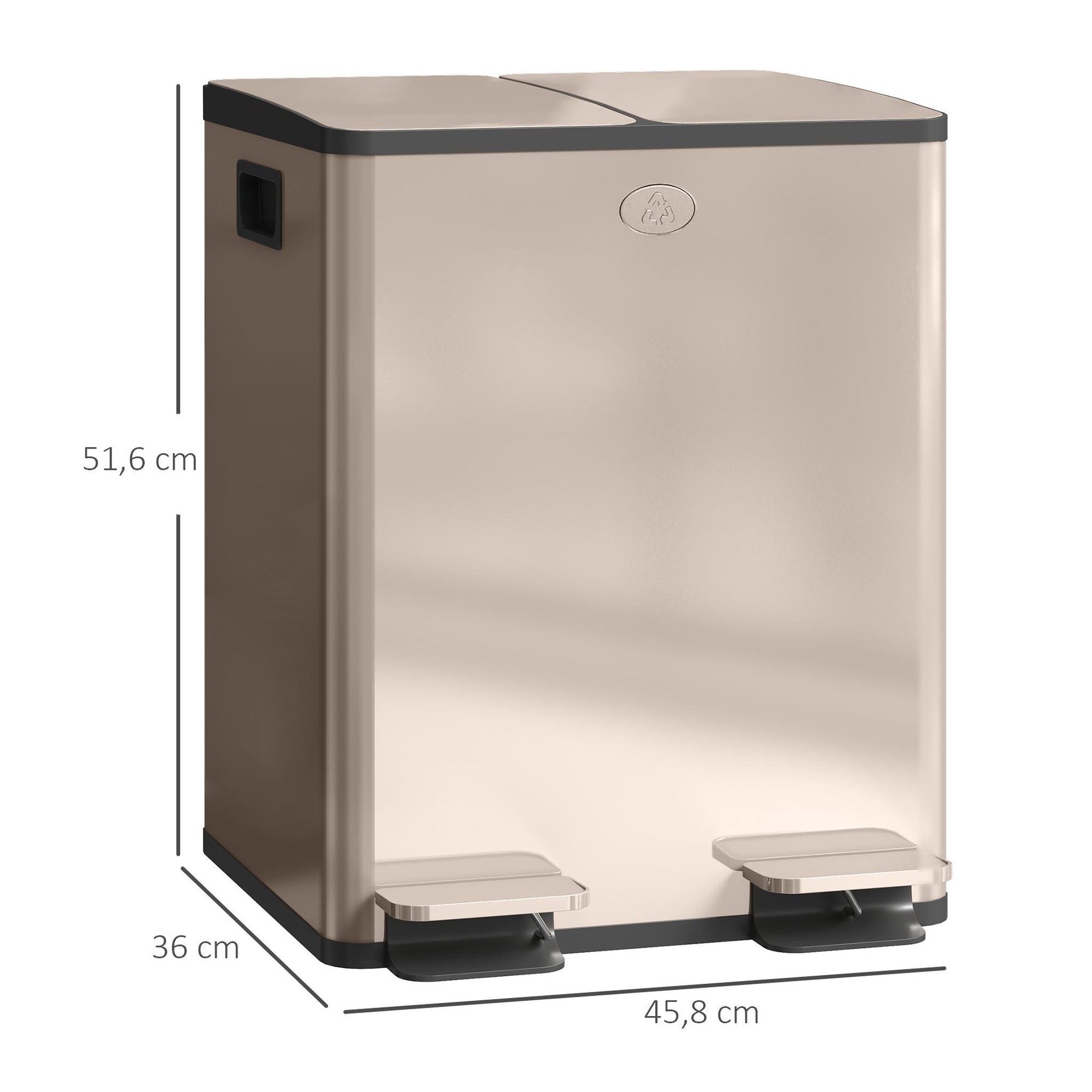 Voir la diapositive 3 : HOMCOM Poubelle manuelle tri selectif 2 bacs capacité totale 20l acier inox. Champagne
