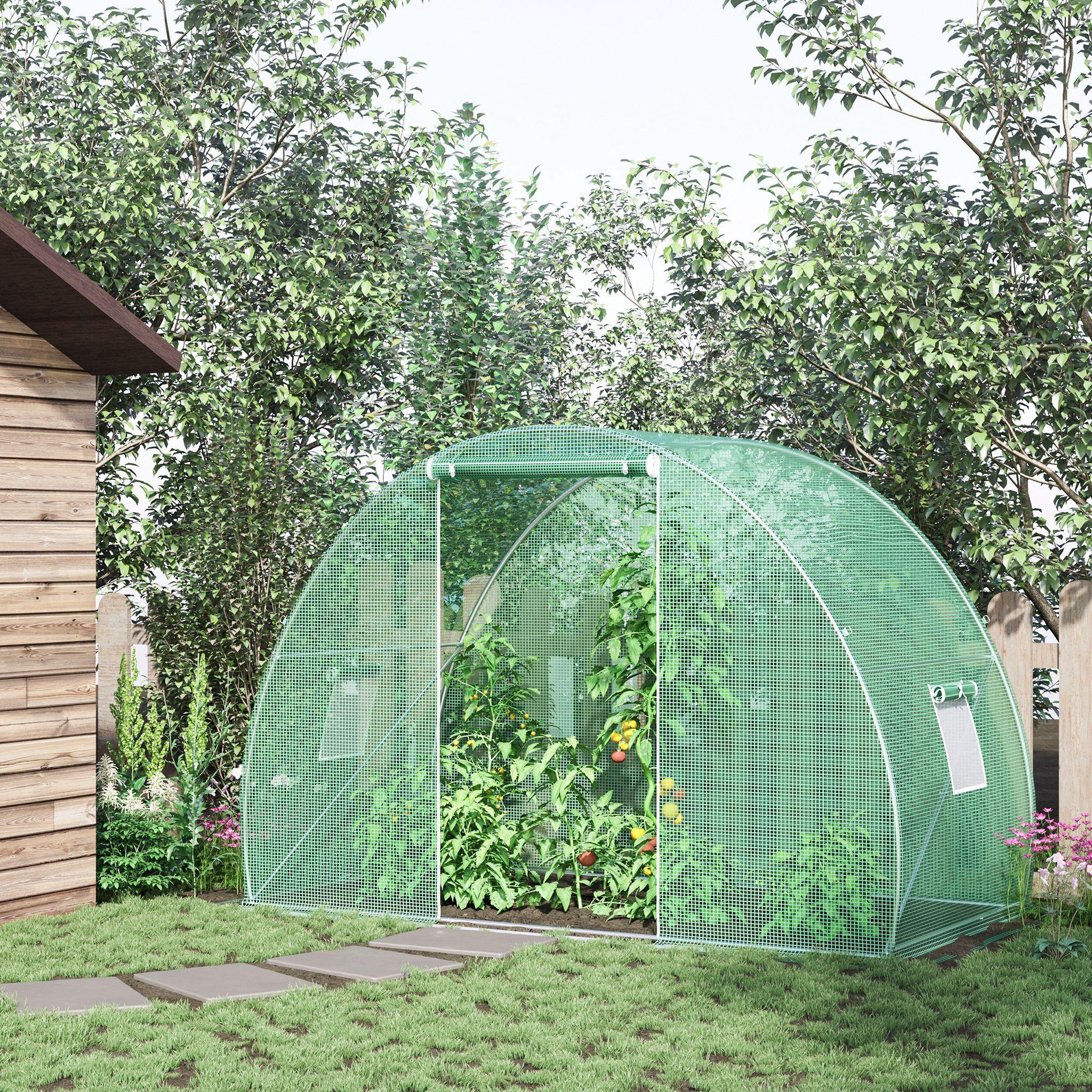 Voir la diapositive 2 : OUTSUNNY Serre de jardin tunnel surface sol 4,5 m² dim. 3l x 1,5l x 2h m châssis tubulaire renforcé porte zippée 2 fenêtres enroulables vert