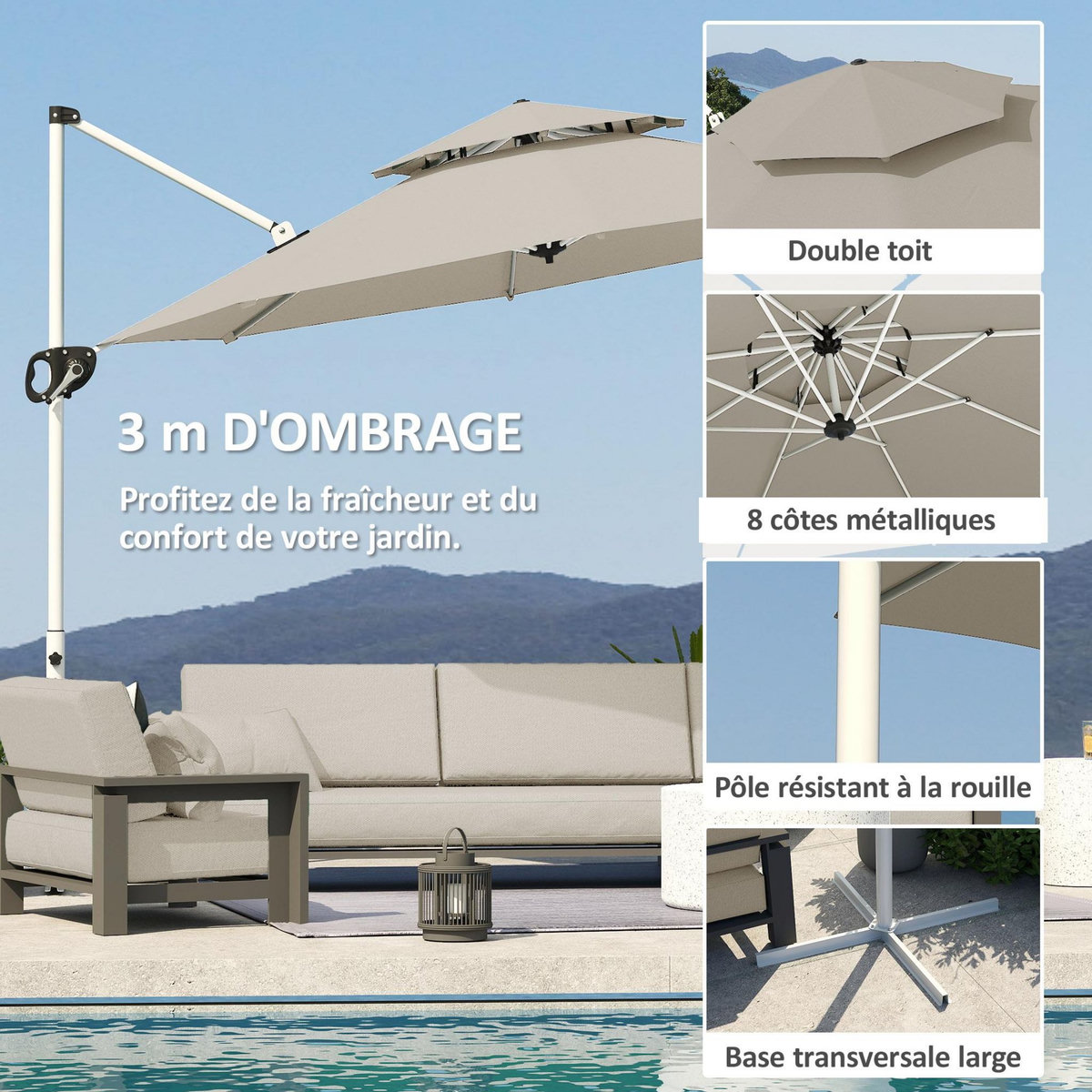 OUTSUNNY Parasol déporté octogonal inclinable rotatif dia. 3 x 2,5 m manivelle piètement croisé métal tissu gris clair