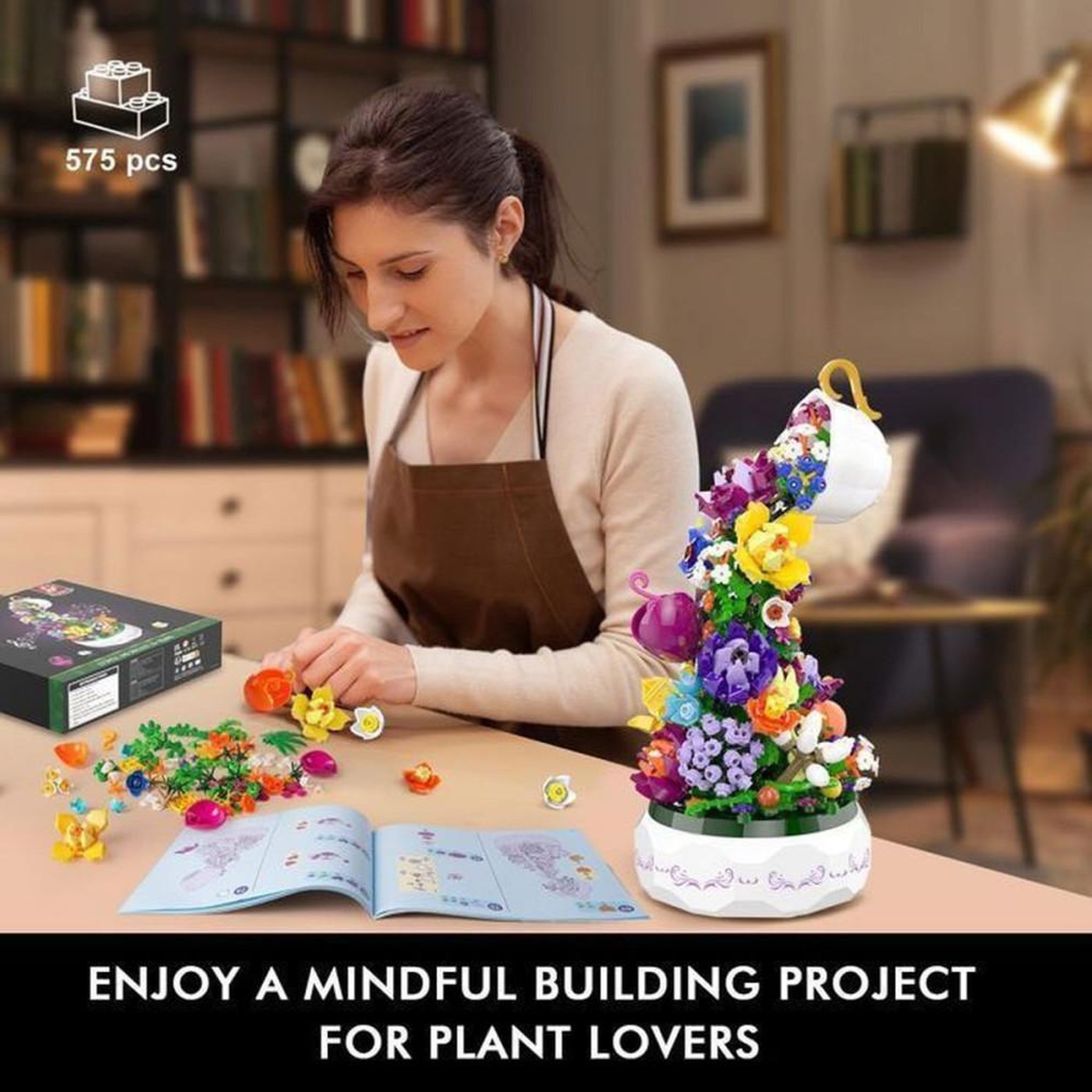 Voir la diapositive 3 : Coffret boîte à musique à assembler bouquet botanique LED 571 pièces fleurs multicolores