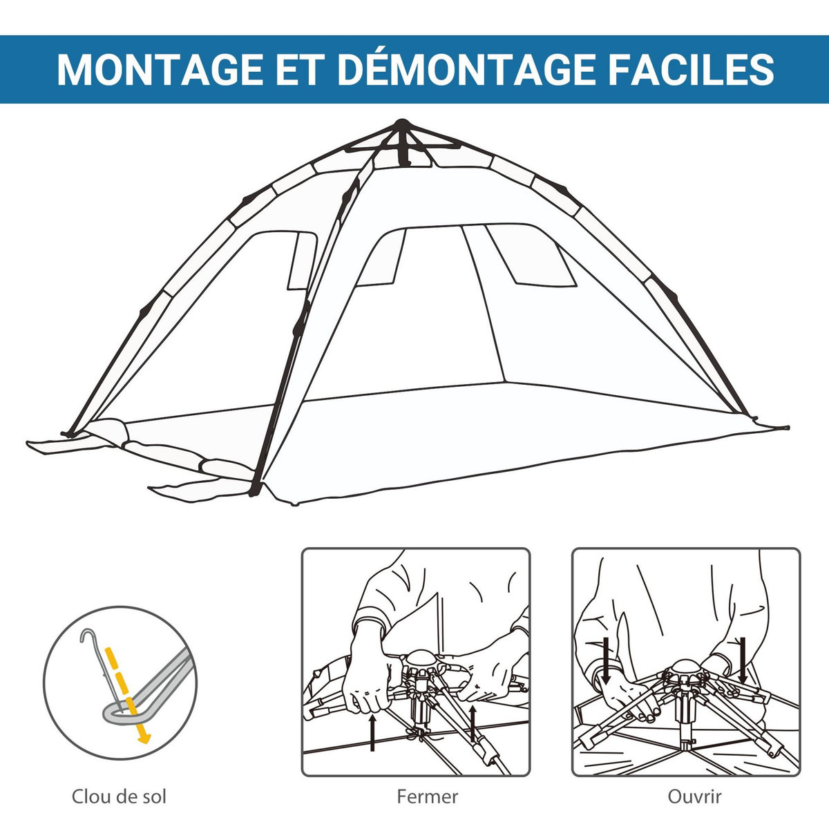 OUTSUNNY Abri de camping tente de plage instantanée portable 2 fenêtres porte zippée lestage polyester bleu