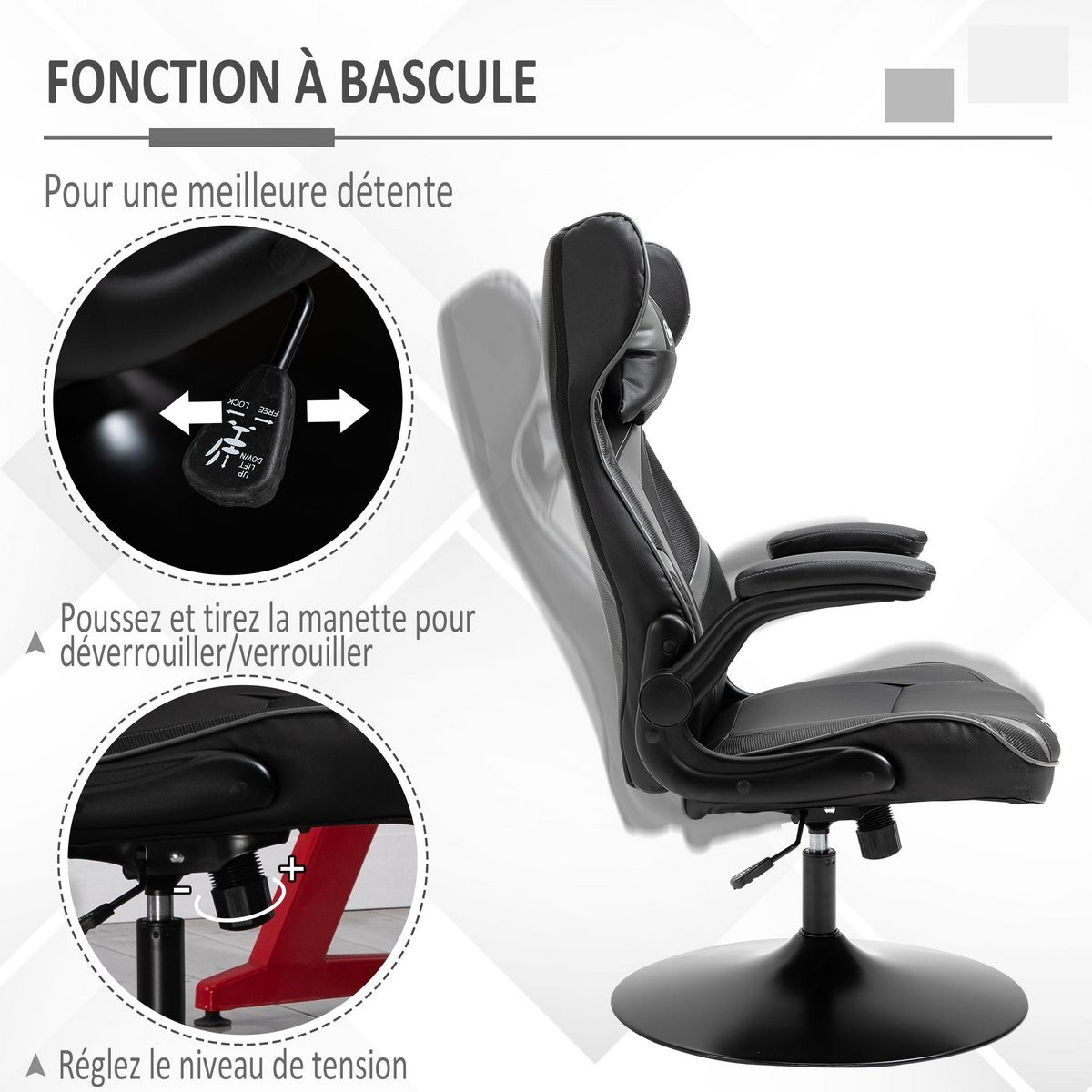 VINSETTO Fauteuil gaming base ronde métal pivotante 360° hauteur réglable tétière accoudoirs relevables PVC gris noir
