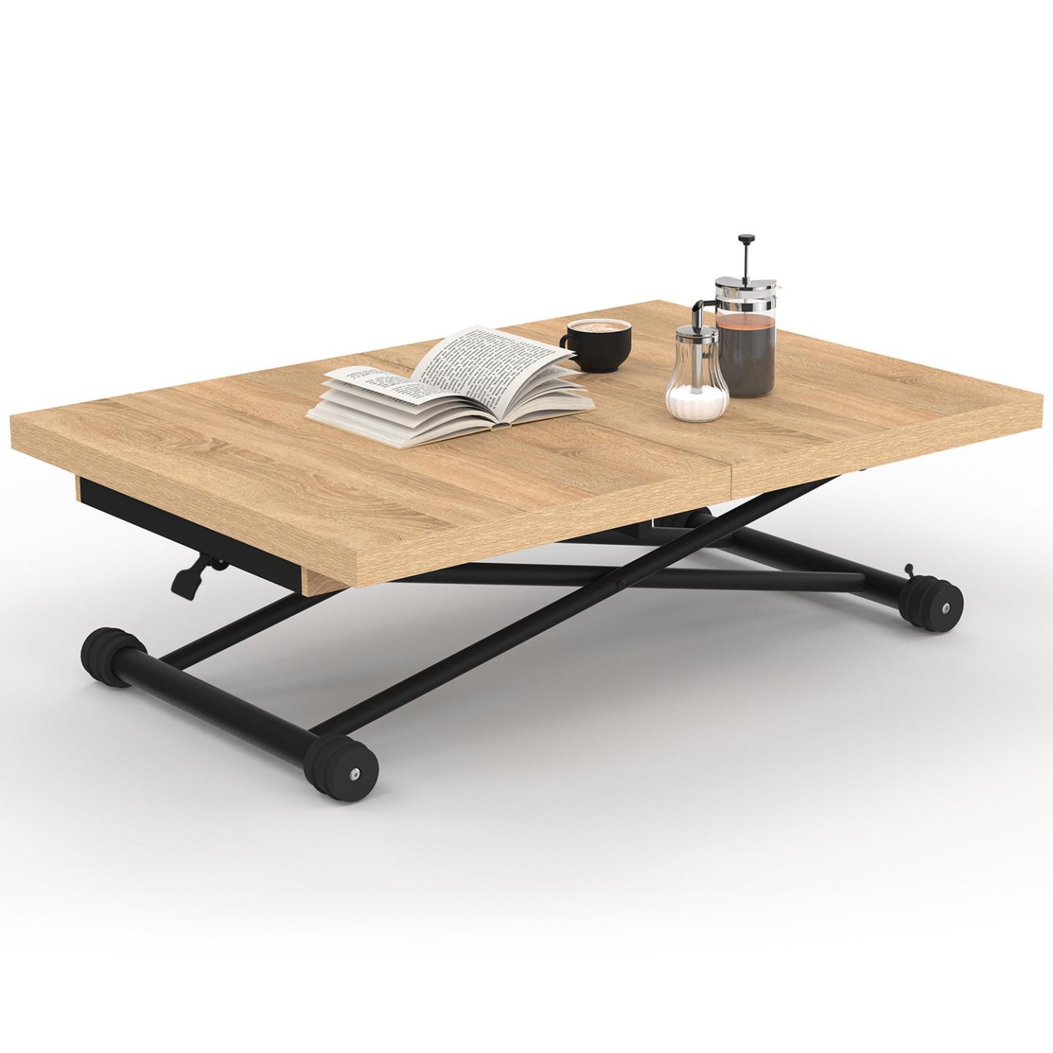 ID MARKET Table basse extensible relevable en table à manger rectangulaire altura 100-160 cm bois et noir design industriel