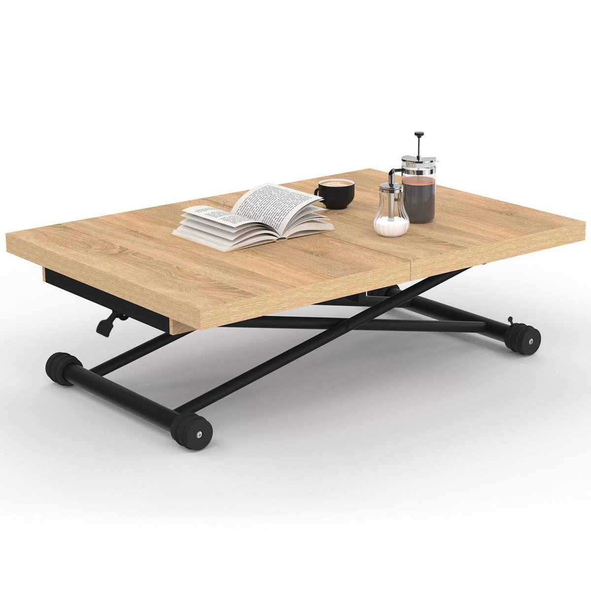 ID MARKET Table basse extensible relevable en table à manger rectangulaire ALTURA bois et noir design industriel