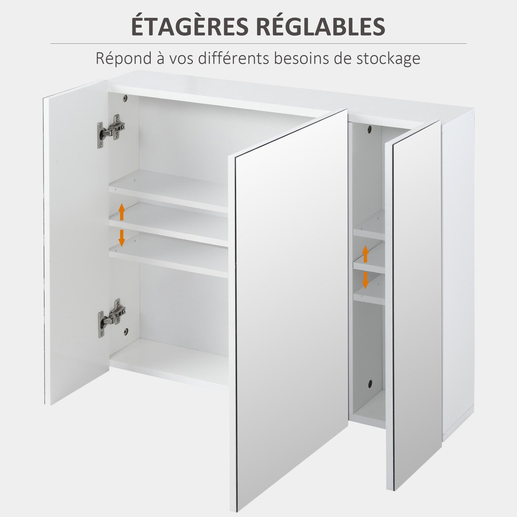 Voir la diapositive 6 : KLEANKIN Armoire miroir de salle de bain armoire murale 3 portes 2 étagères dim. 70l x 15l x 60h cm mdf blanc