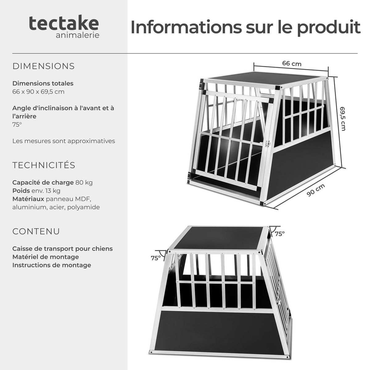 tectake Cage de transport pour chien simple sécurisée avec dos incliné noir