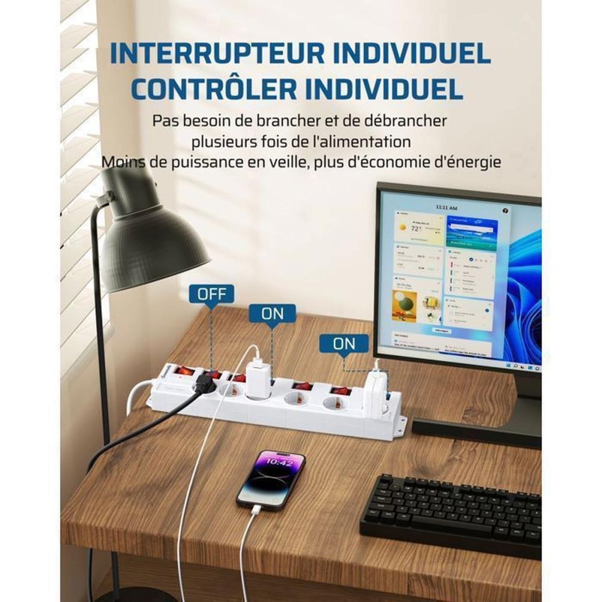 Voir la diapositive 2 : Multiprise 6 prises 16A 3680W avec 7 interrupteurs bipolaires LED, câble 5 m, protection surtension et court-circuit, montage mural/bureau, blanche