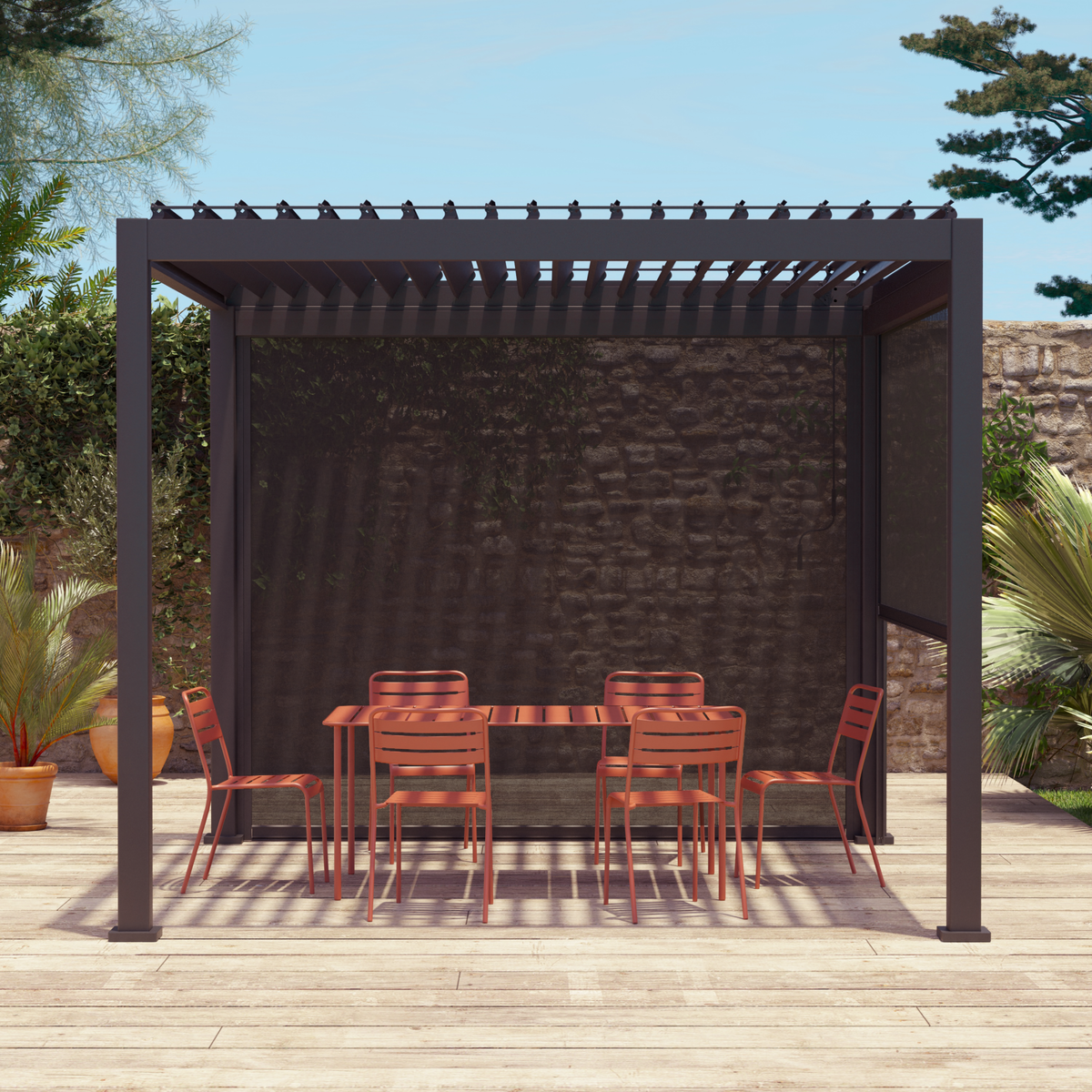 SWEEEK Pergola bioclimatique aluminium 3x3m V2 + 2 stores 3m Triomphe