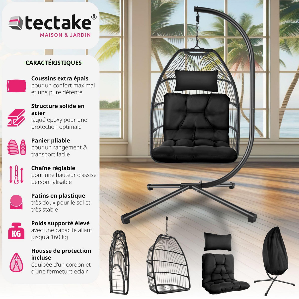 tectake Fauteuil suspendu Ariane avec structure et coussin 160kg