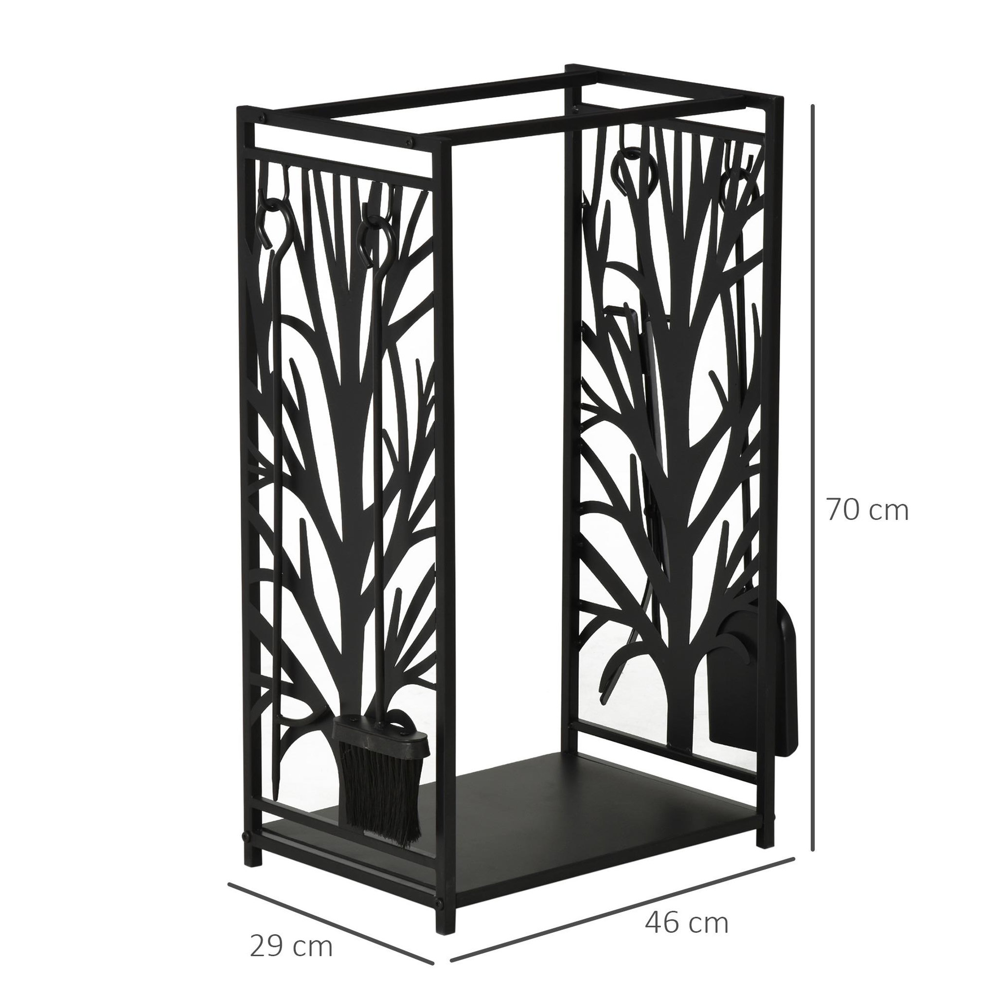 Voir la diapositive 3 : HOMCOM Serviteur de cheminée arbre - porte bûches - range bûches multi accessoires étagère 46L x 29l x 70H cm acier noir