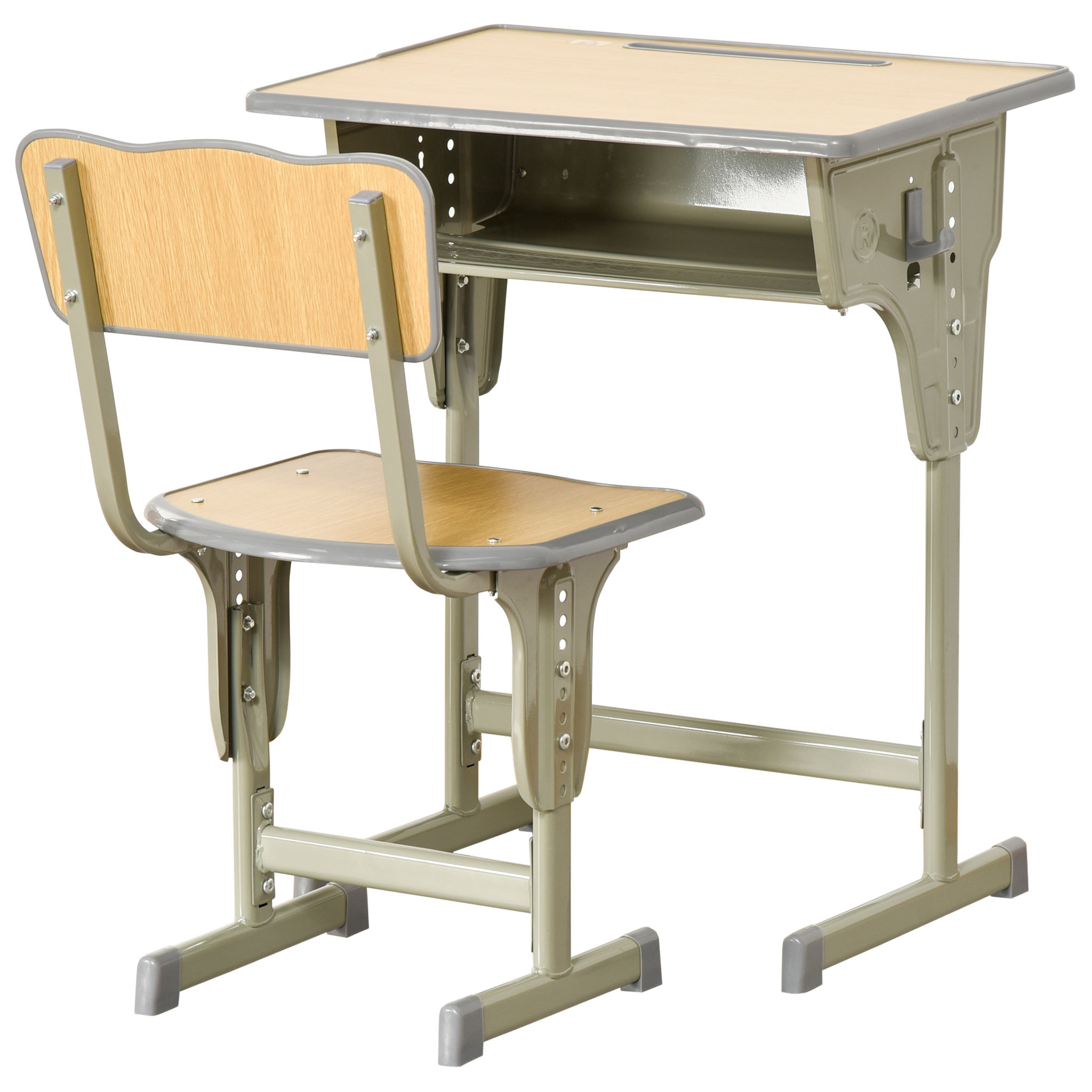 Voir la diapositive 1 : HOMCOM HOMCOM Bureau enfant Vintage style pupitre d'écolier - ensemble bureau et chaise réglable - case de rangement, bracket, range-stylos - acier kaki MDF aspect bois clair