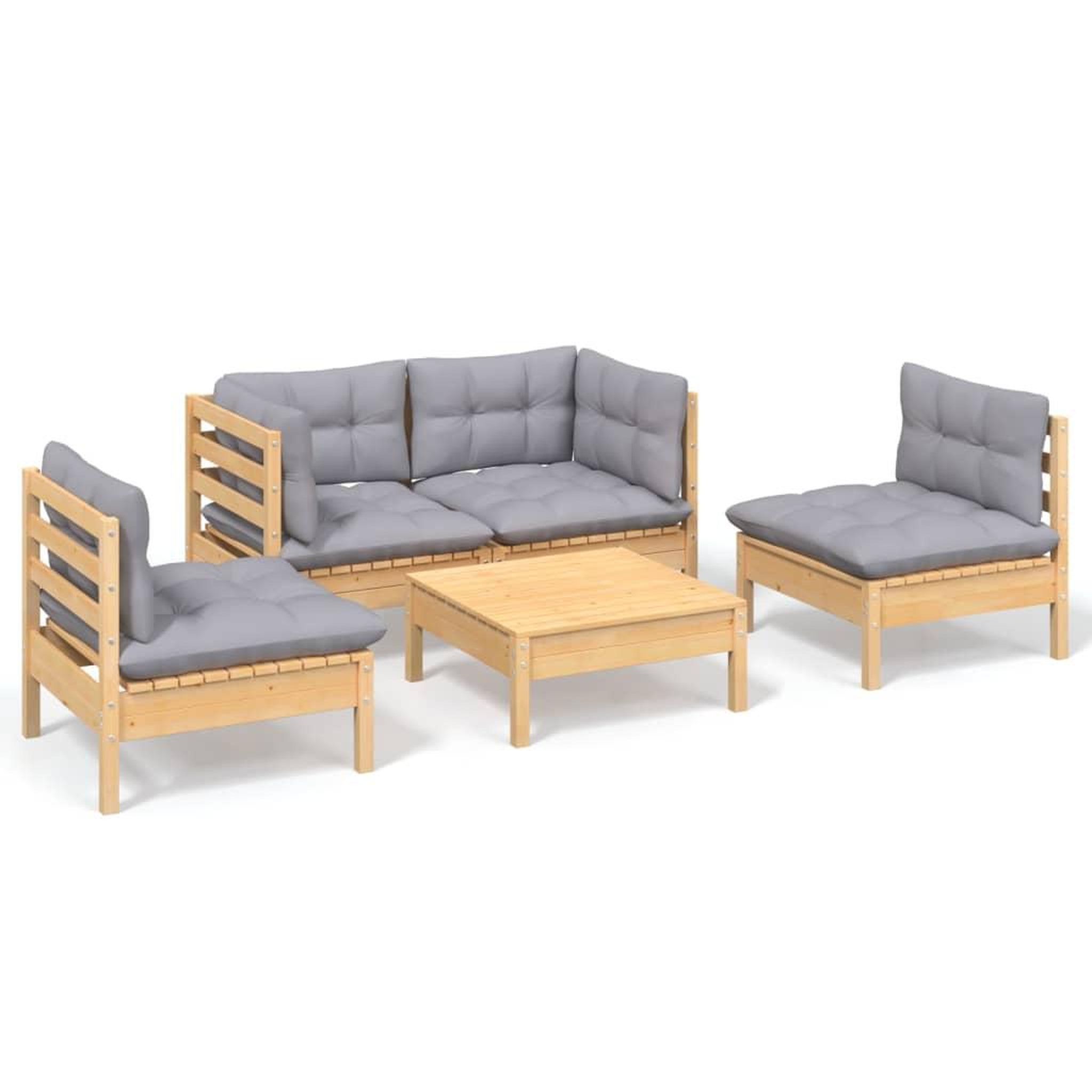 Voir la diapositive 2 : VIDAXL Salon de jardin 5 pcs avec coussins gris bois de pin massif