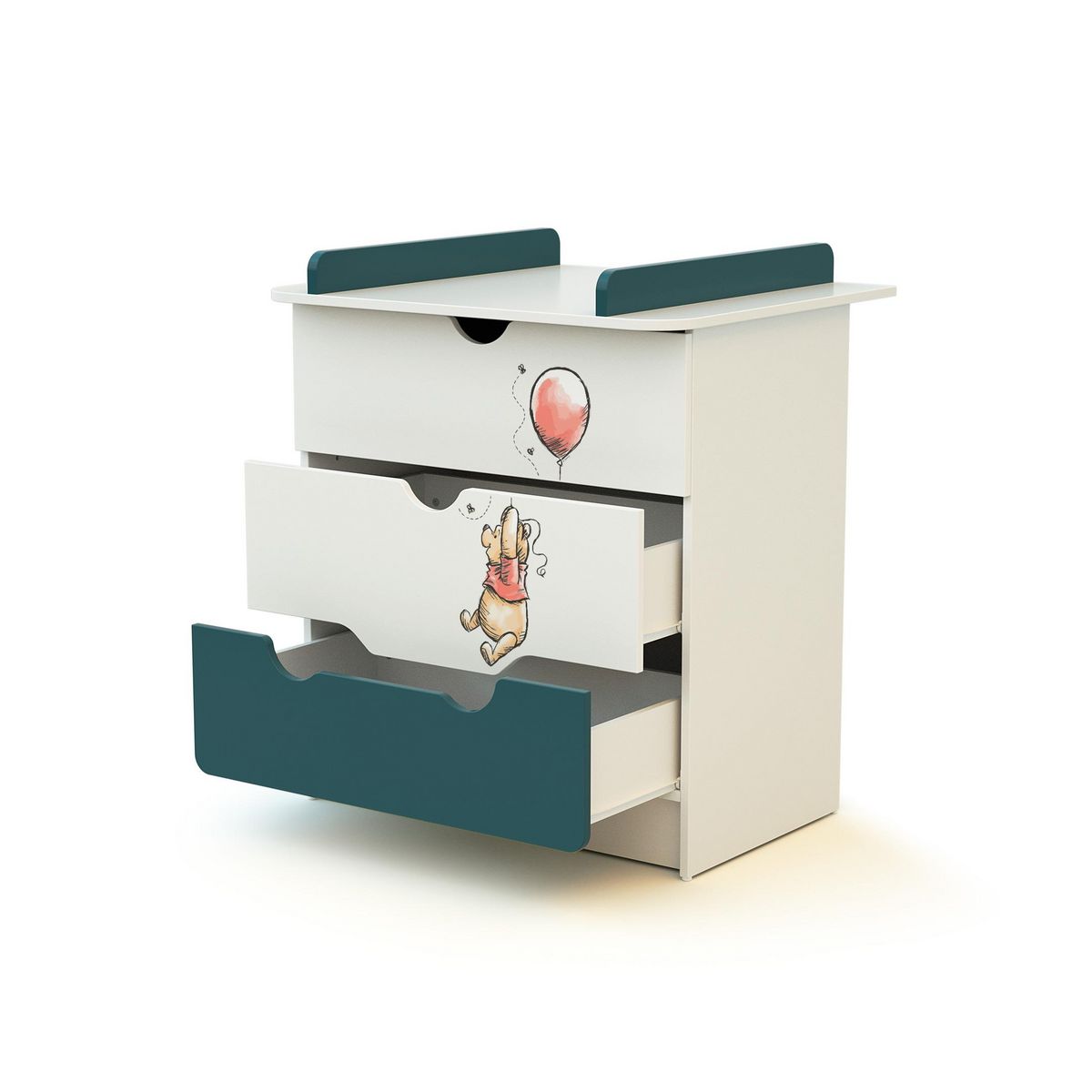 AT4 Ensemble lit bébé 60x120 cm et commode à langer 3 tiroirs WINNIE BALLON DISNEY Bleu canard