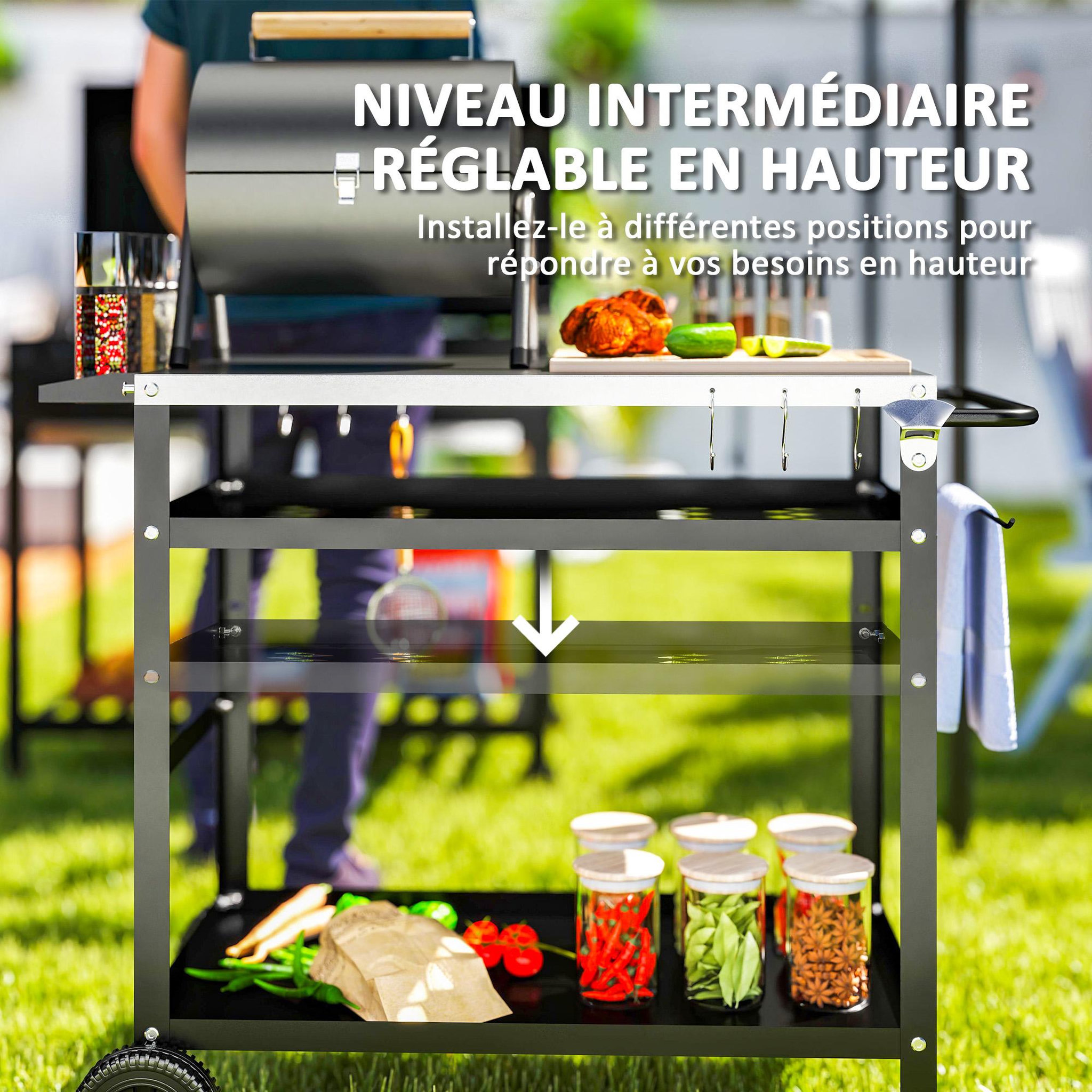 Voir la diapositive 5 : OUTSUNNY Desserte extérieure - desserte de jardin - 2 étagères, tablette condiments plateau acier inox. housse