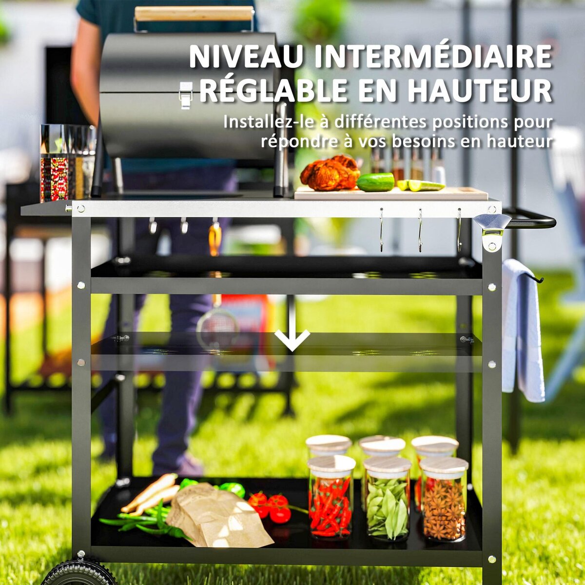 OUTSUNNY Desserte extérieure - desserte de jardin - 2 étagères, tablette condiments plateau acier inox. housse