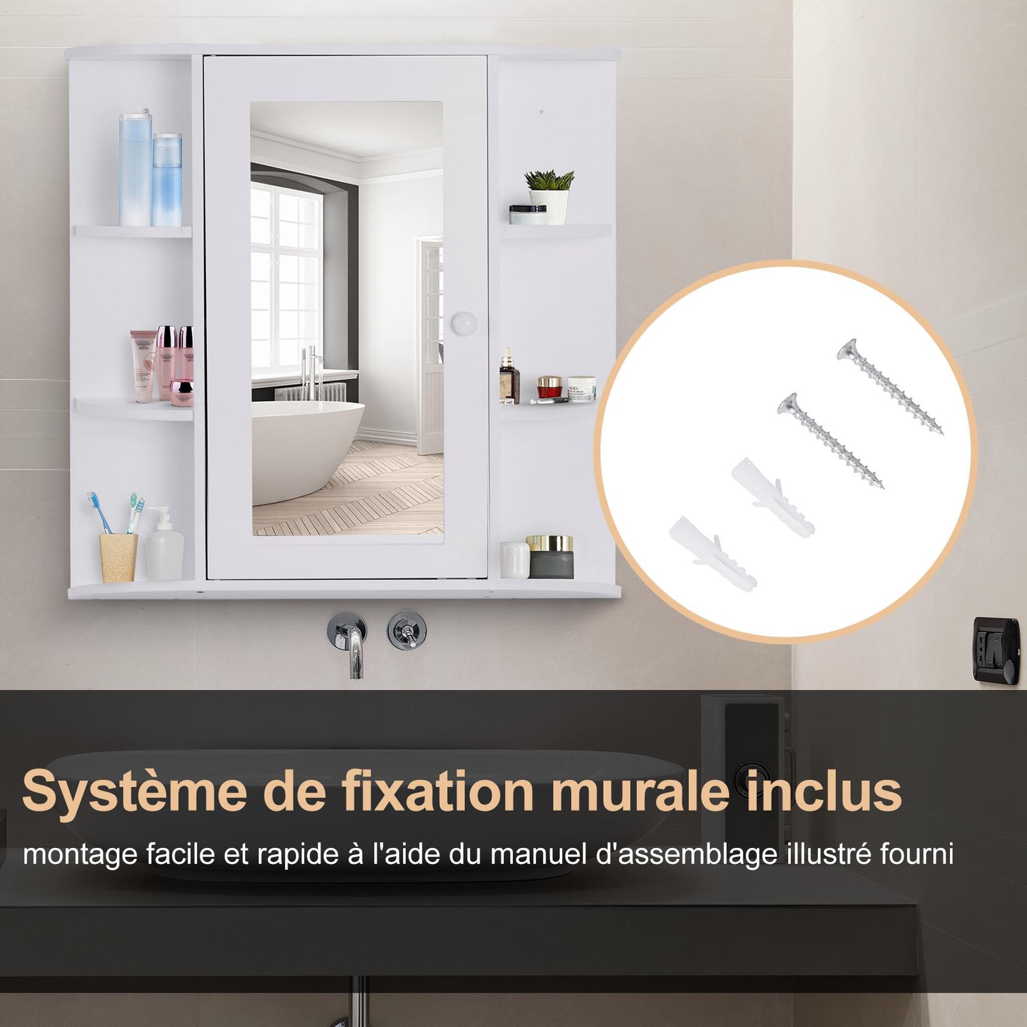 Voir la diapositive 6 : HOMCOM Armoire murale salle de bain armoire à glace placard de rangement toilettes 1 porte + étagères latérales mdf blanc