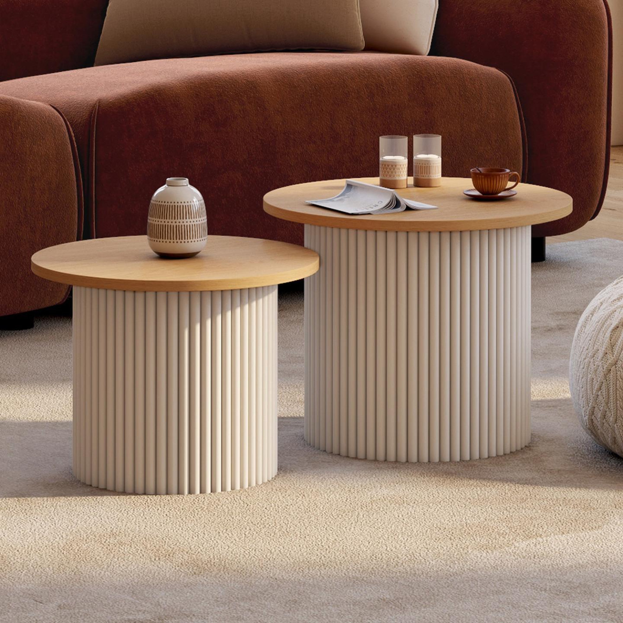Voir la diapositive 2 : ID MARKET Lot de 2 tables basses gigognes kanel rondes 40/45 effet cannelé beige et plateau bois
