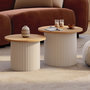Voir la diapositive 2 : ID MARKET Lot de 2 tables basses gigognes KANEL rondes 40/45 effet cannelé beige et plateau bois