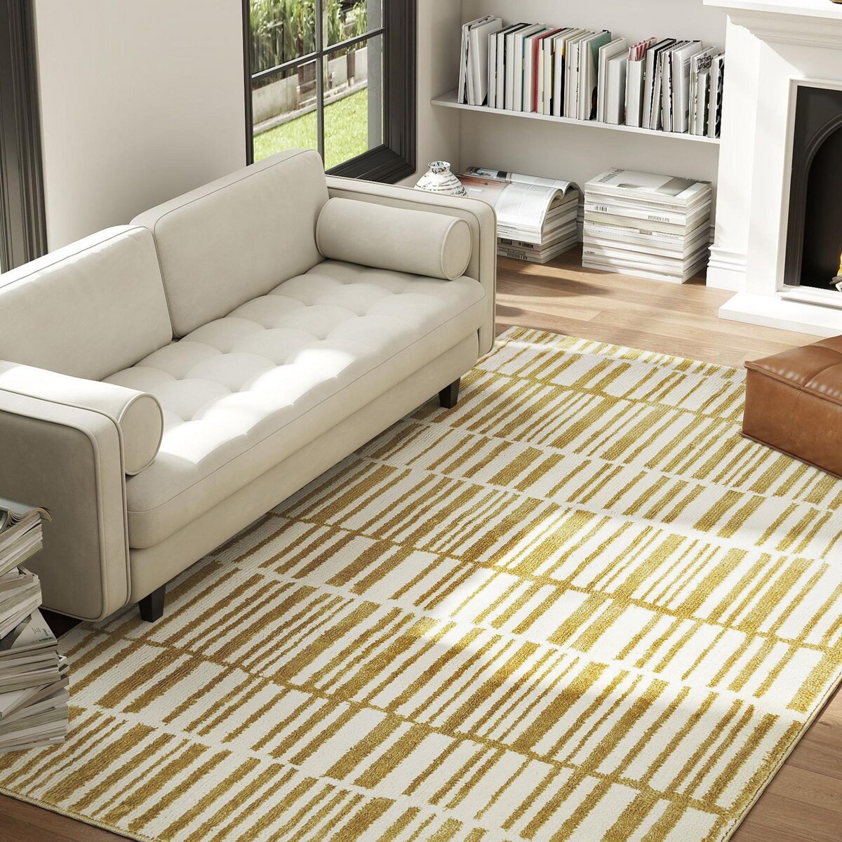 HOMCOM Tapis salon moderne poils courts style graphique beige moutarde 200 x 140 cm