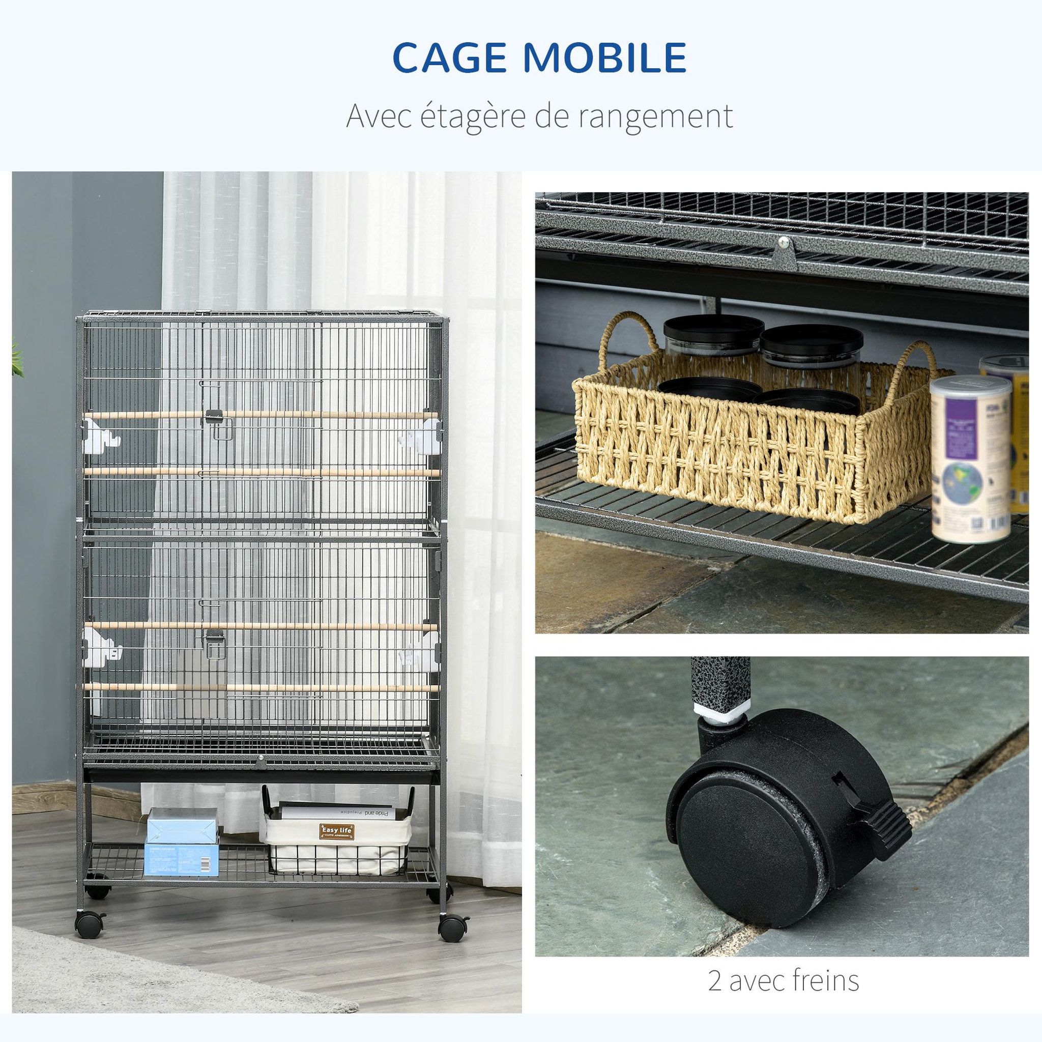 Voir la diapositive 5 : PAWHUT Cage oiseau mobile dim. 78x52x132cm - 4 perchoirs, mangeoires, plateau déjection, étagère - acier époxy gris moucheté
