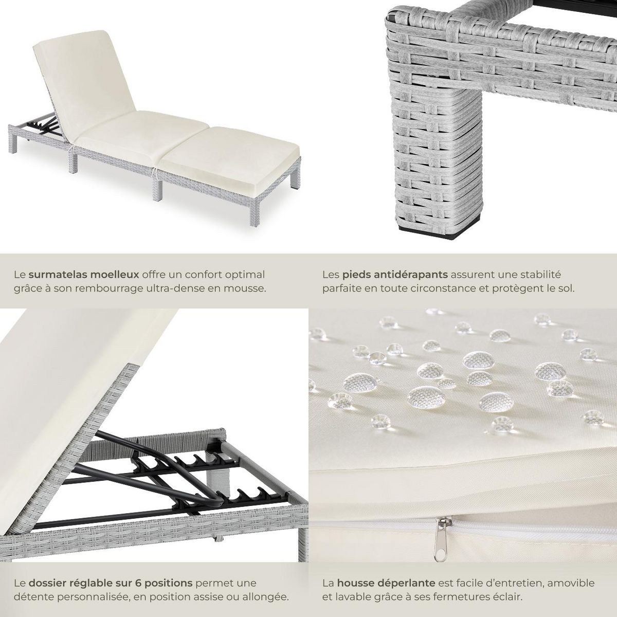 tectake Bain de soleil Transat en rotin Robuste gris clair