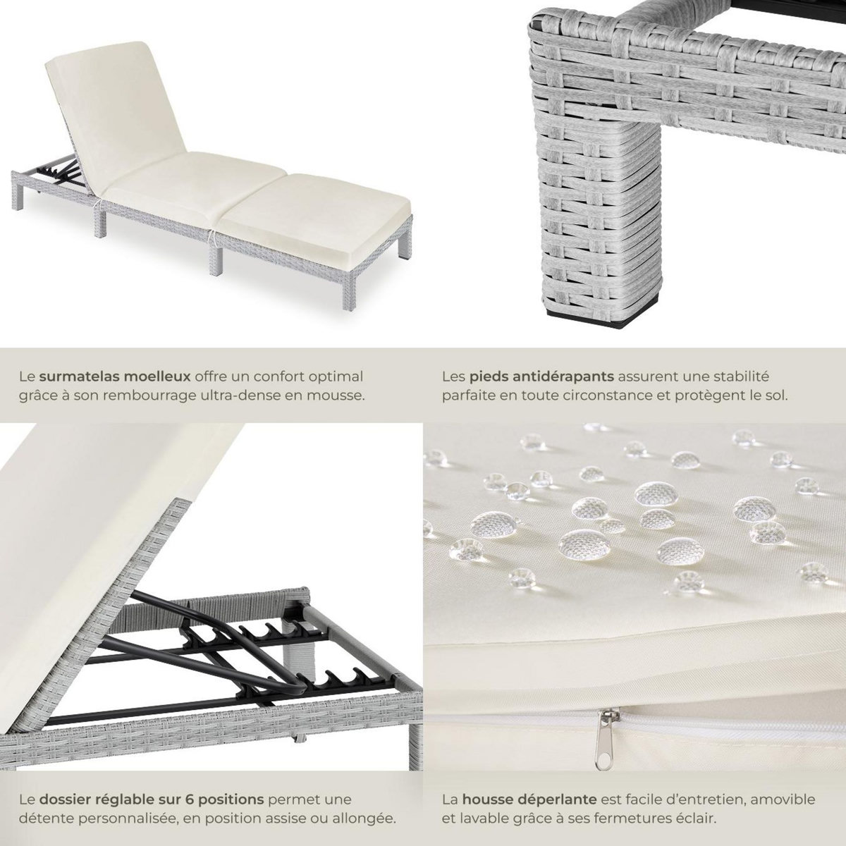 tectake Bain de soleil Transat en rotin Robuste gris clair