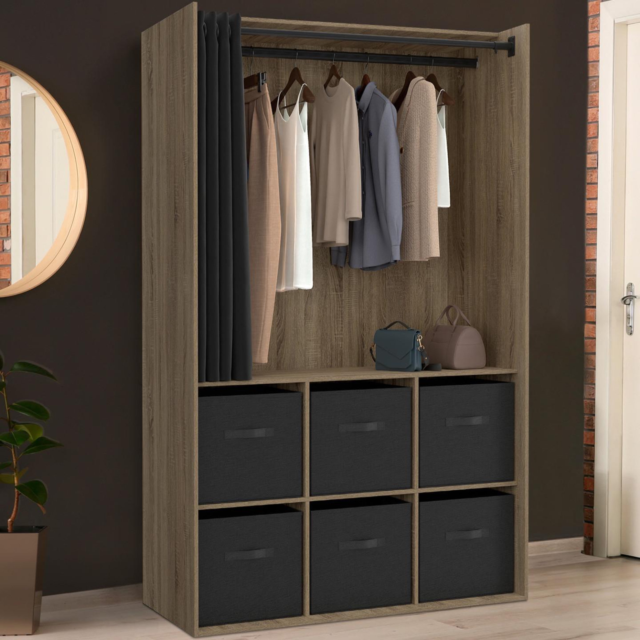 Voir la diapositive 2 : ID MARKET Dressing penderie diane 104 x 50 x 172 cm hêtre avec 6 boites de rangement + rideau noir