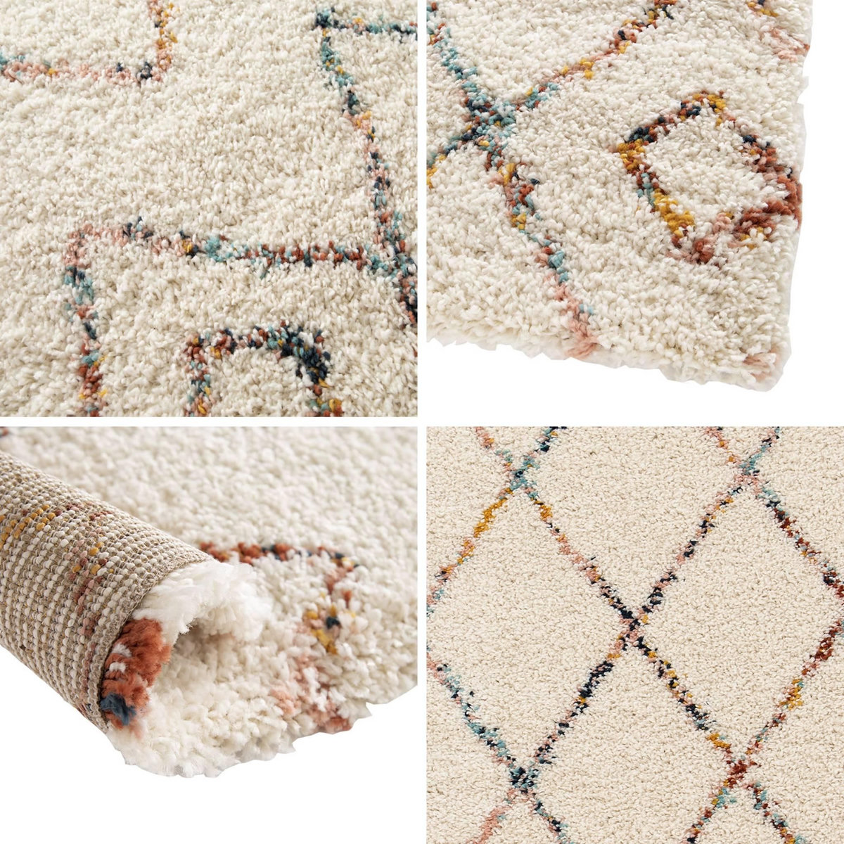 SWEEEK Tapis intérieur shaggy, poils longs, style berbère, crème et multicolore