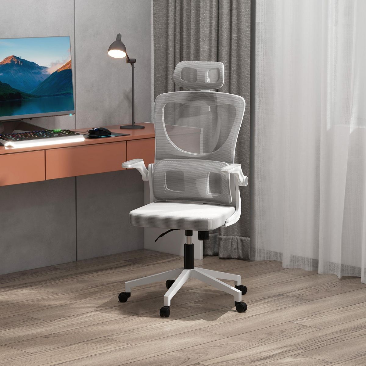VINSETTO Fauteuil de bureau ergonomique réglable - fonction bascule, support lombaires, tétière ajustable - blanc gris