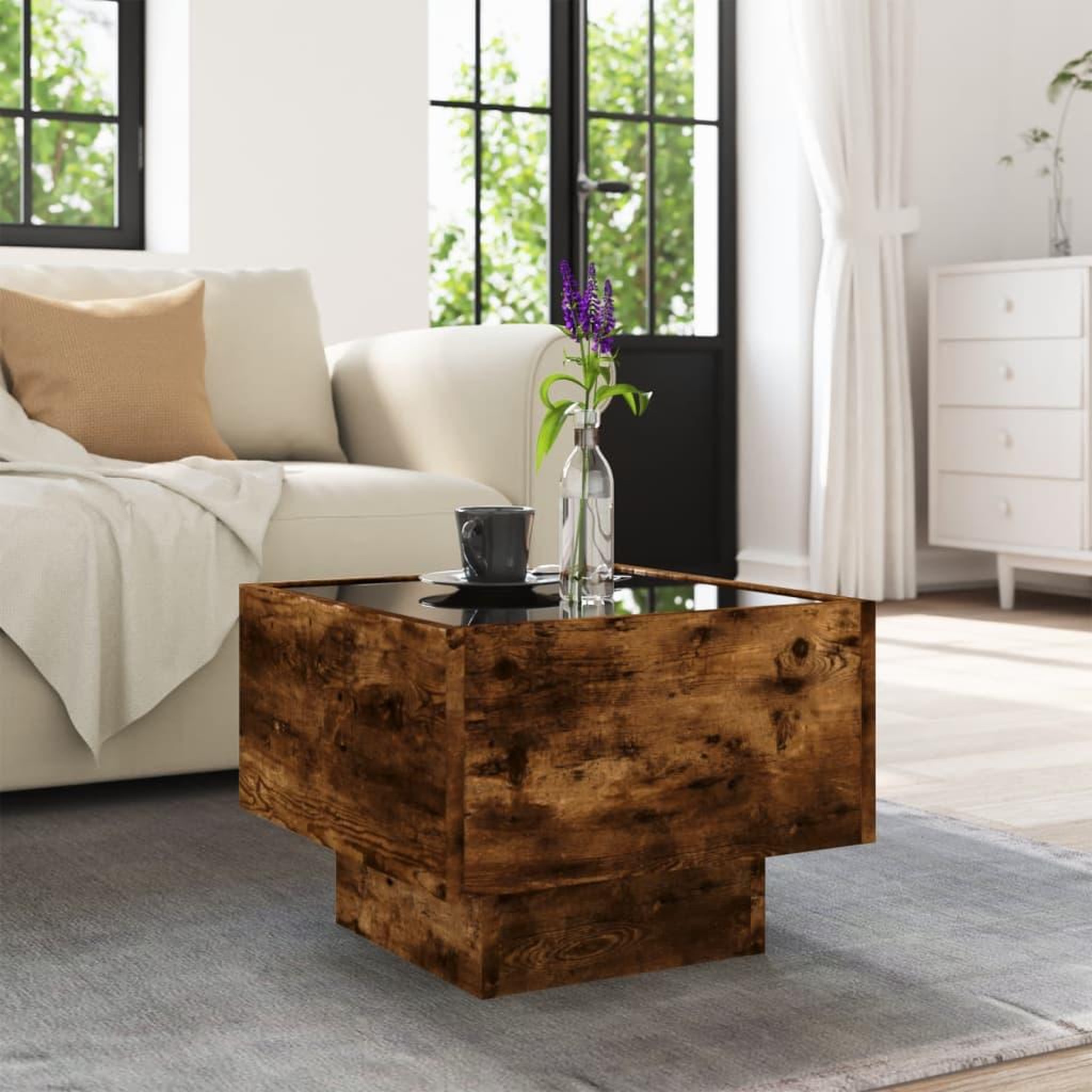 Voir la diapositive 4 : VIDAXL Table d'appoint et LED chene fume 40x40x30 cm bois d'ingenierie