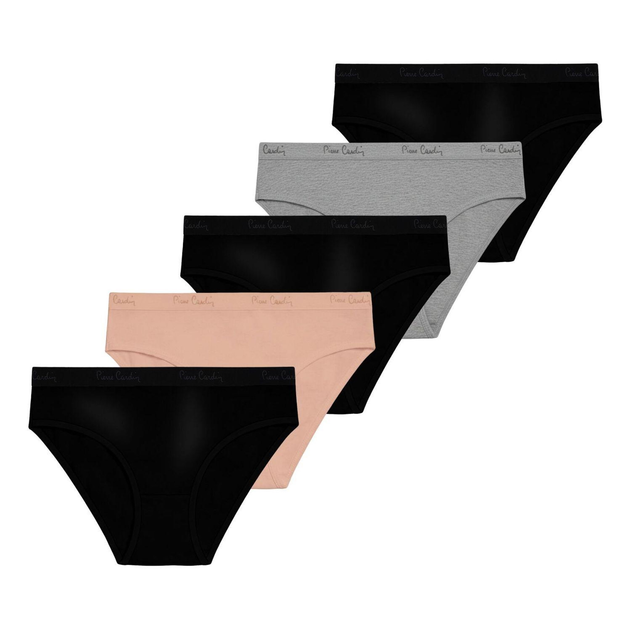 PIERRE CARDIN Lot de 5 slips femme  en coton uni ceinture fine 2cm class. Coloris disponibles : Beige