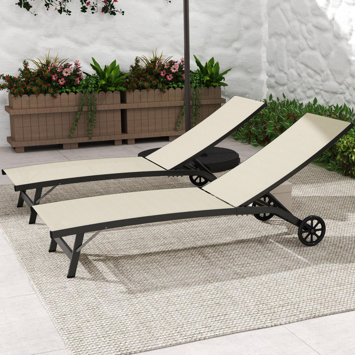 OUTSUNNY Lot de 2 bains de soleil transats inclinables - 2 roulettes - alu. textilène beige kaki