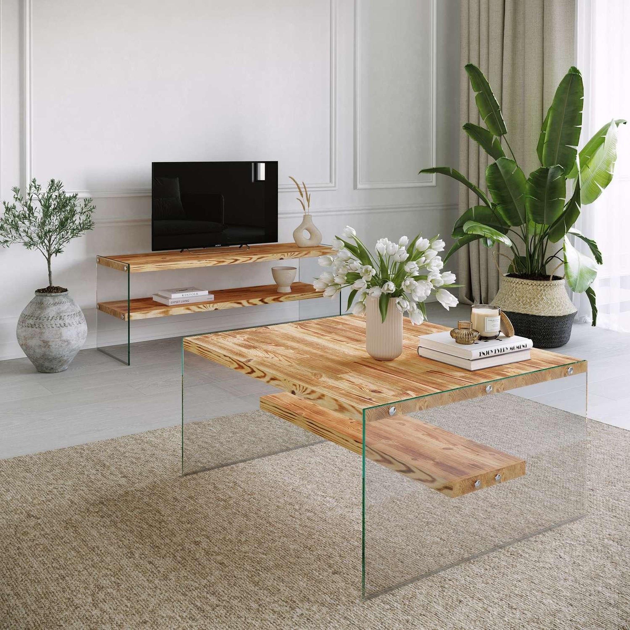 Voir la diapositive 2 : TOILINUX Table basse carrée 1 étagère crystallia en bois massif - marron clair