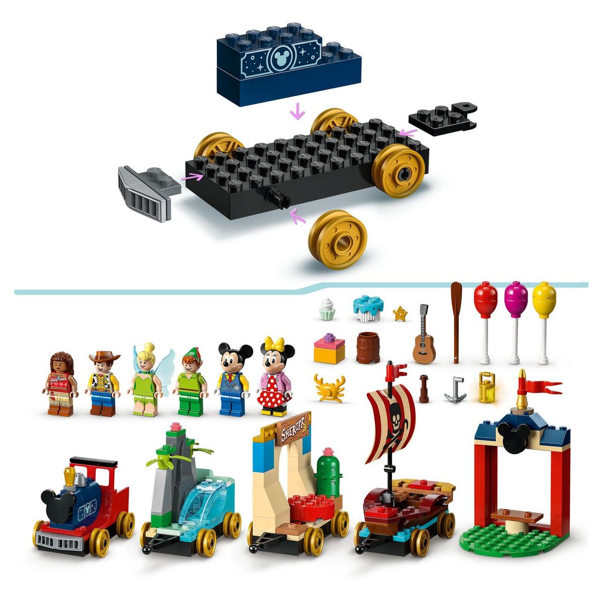 LEGO Disney 43212 - Le train en fête de Disney Jouet Enfants 4 Ans avec Vaiana, Woody, Peter Pan et les Wagons de la Fée Clochette plus Mickey et Minnie Mouse, 100ème Anniversaire Disney
