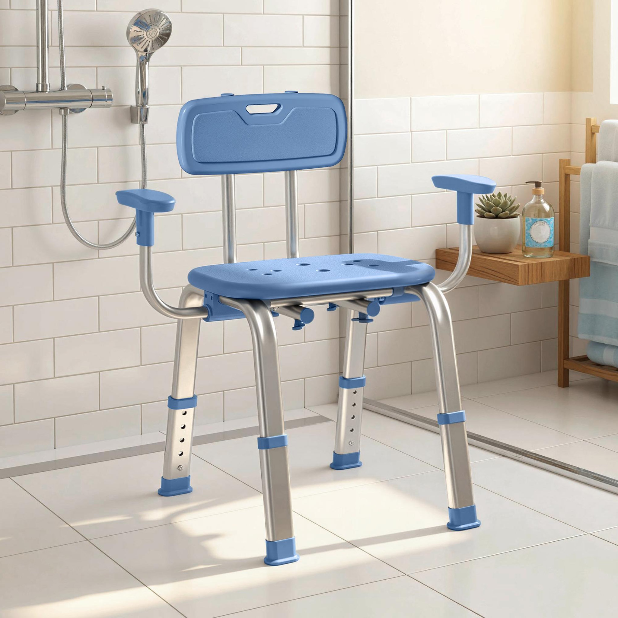 Voir la diapositive 2 : HOMCOM Chaise de douche réglable avec accoudoirs dossier alu hdpe bleu