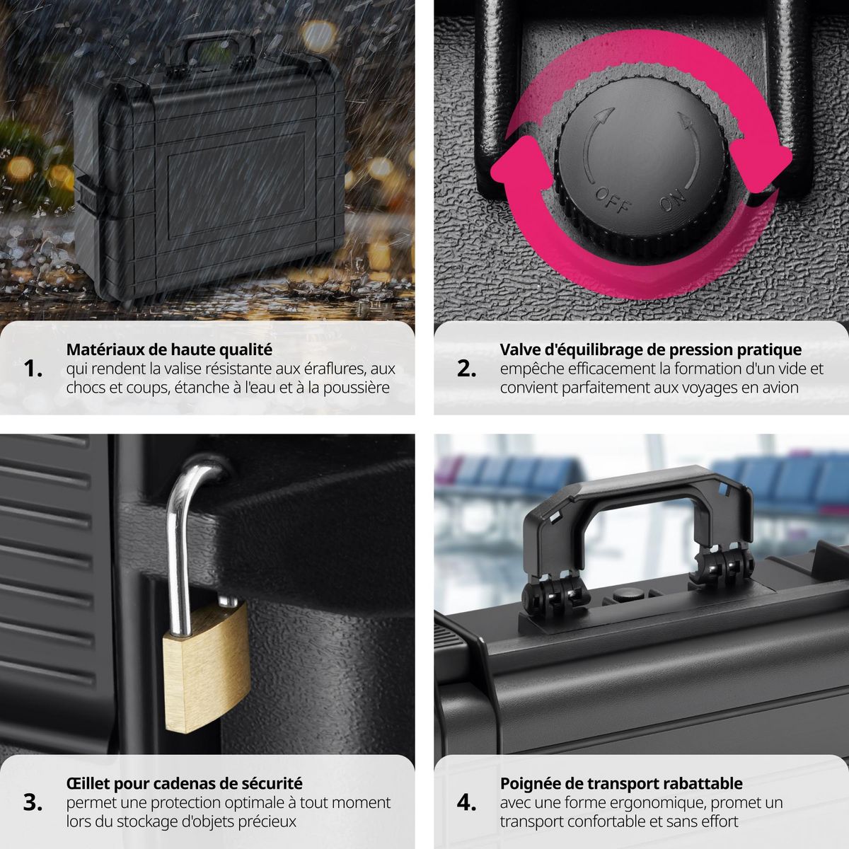 tectake Valise de protection matériel photo en coque dure robuste avec 4 inserts en mousse épais noir