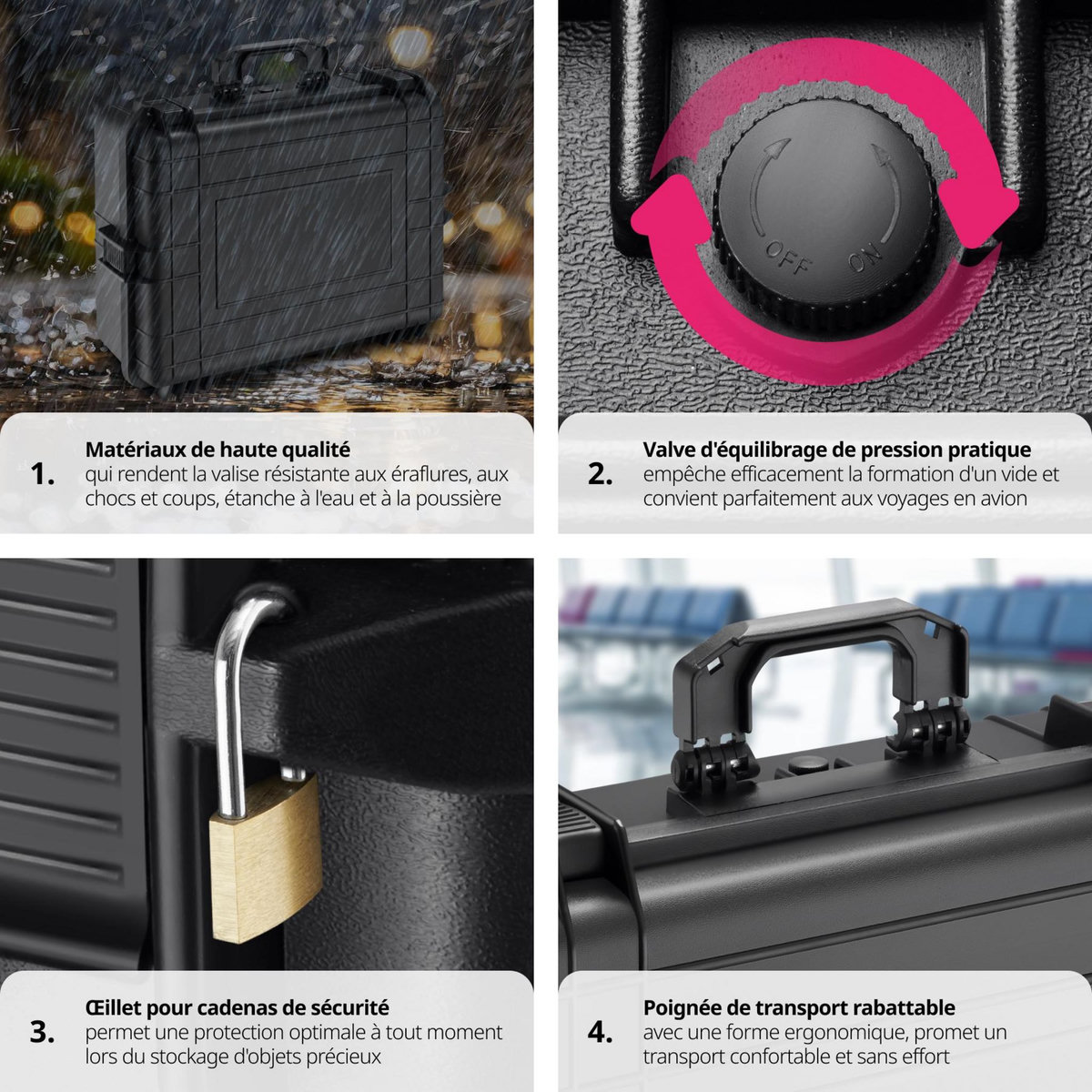 tectake Valise de protection matériel photo en coque dure robuste avec 4 inserts en mousse épais noir