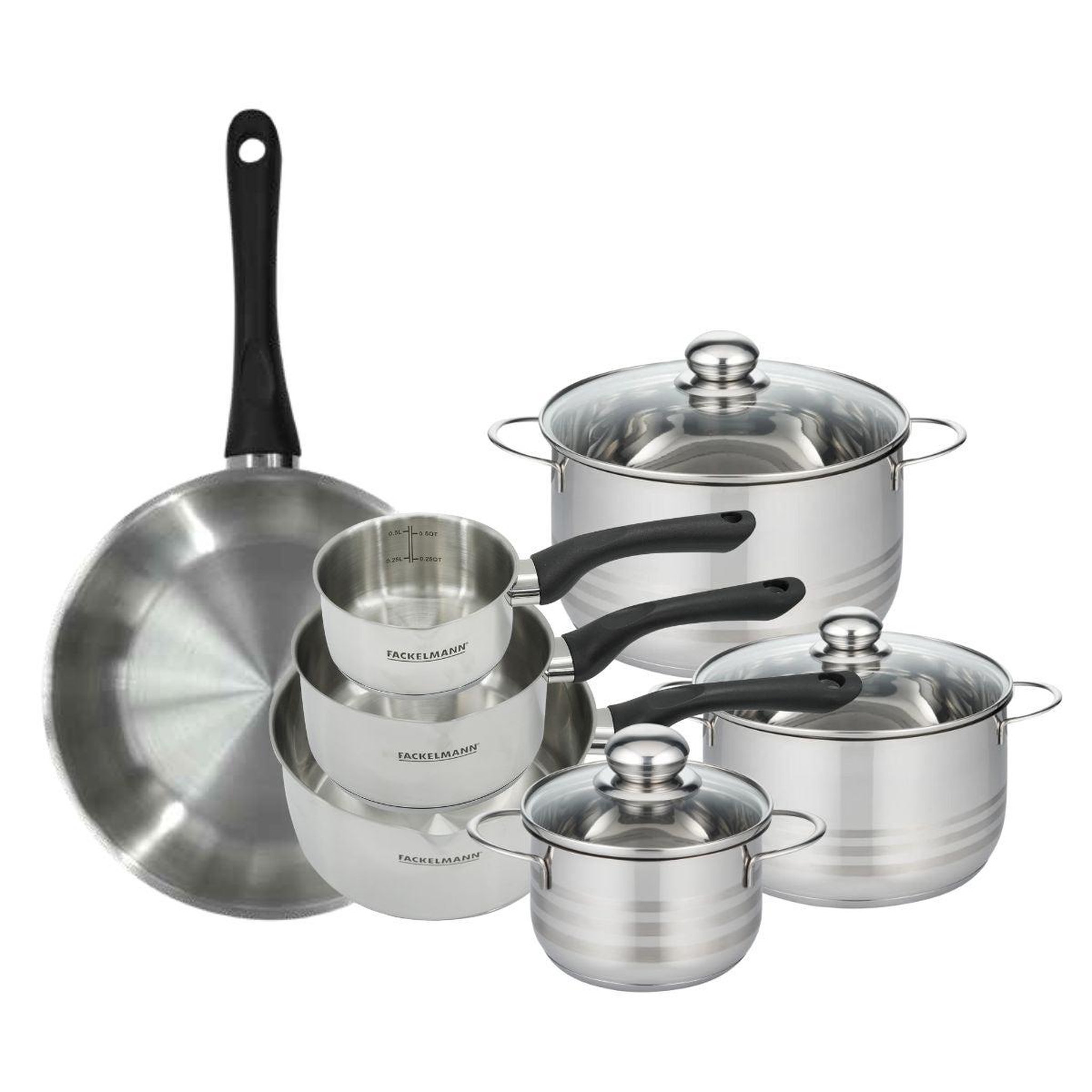 Fackelmann Batterie de cuisine avec 1 poêle 28 cm 3 casseroles 12/16/20 cm et 3 faitouts 16/20/24 cm en inox sans pfas fackelmann généva brillant