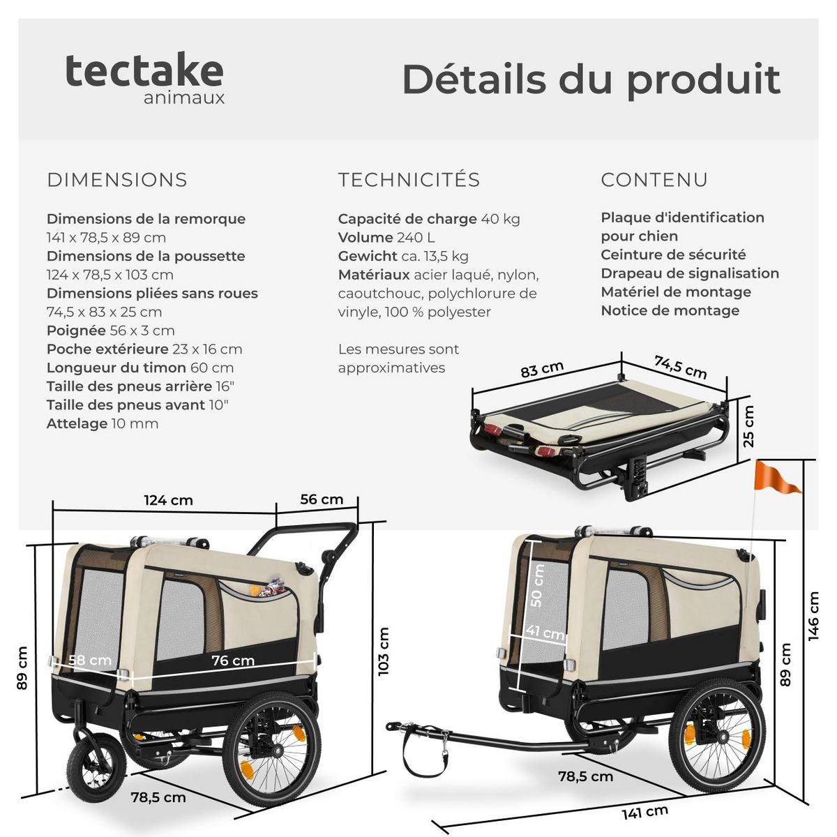 tectake Remorque vélo pour chien multifonction 3-en-1 beige